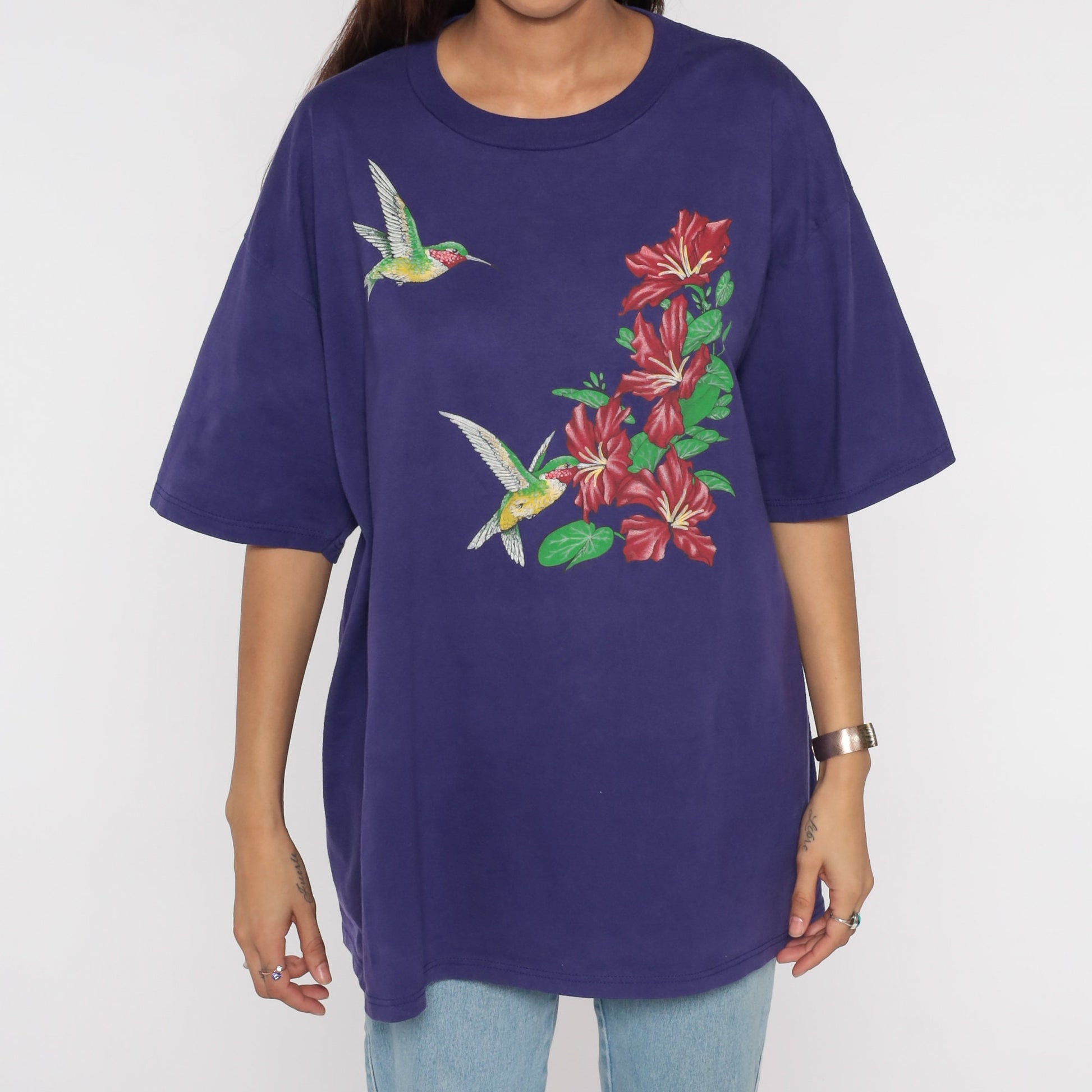 90s Hummingbird Canna Flower T-Shirt Purple Graphic Tee Plus Size XXL