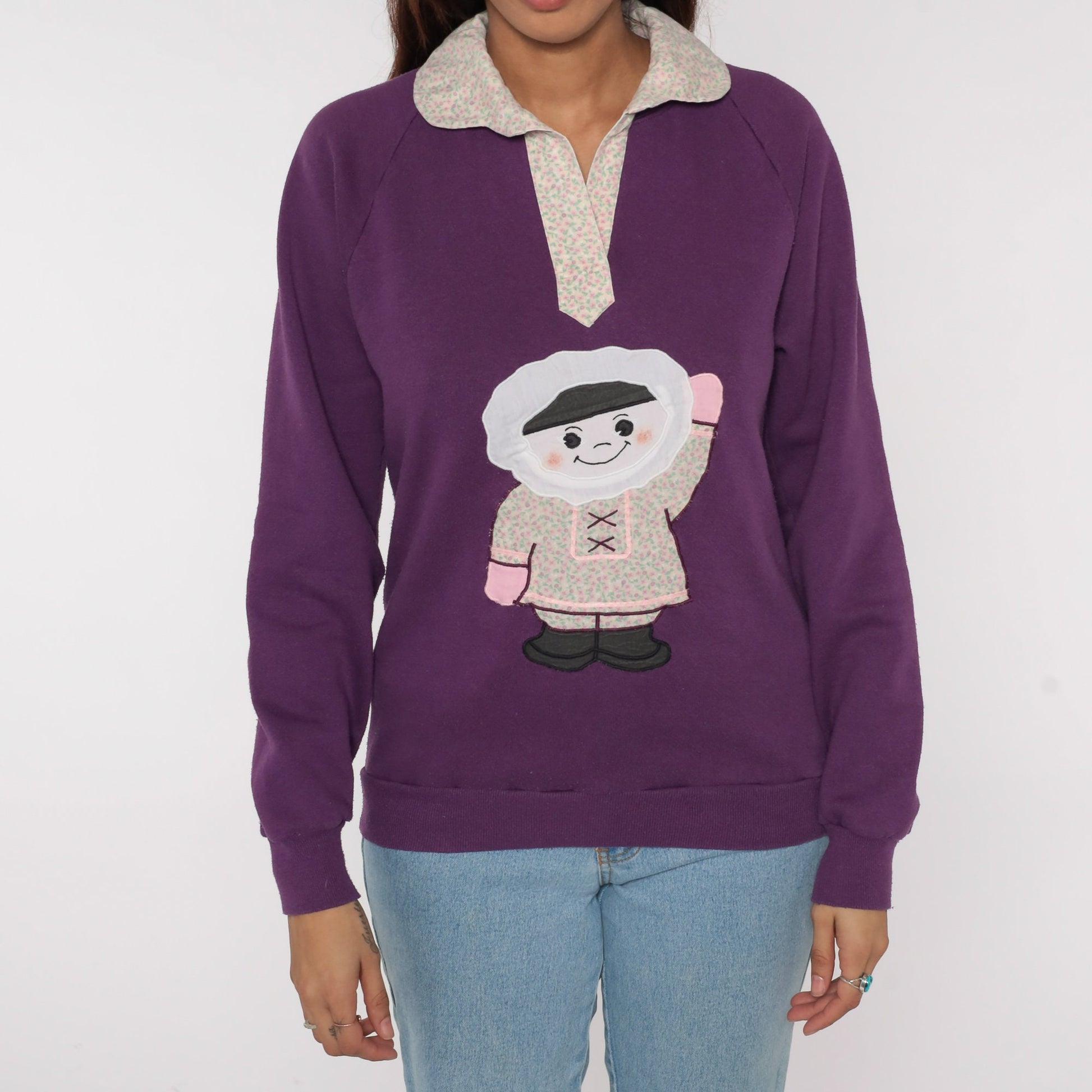 80s Jerzees Sweatshirt Purple Graphic Collared Crewneck Small