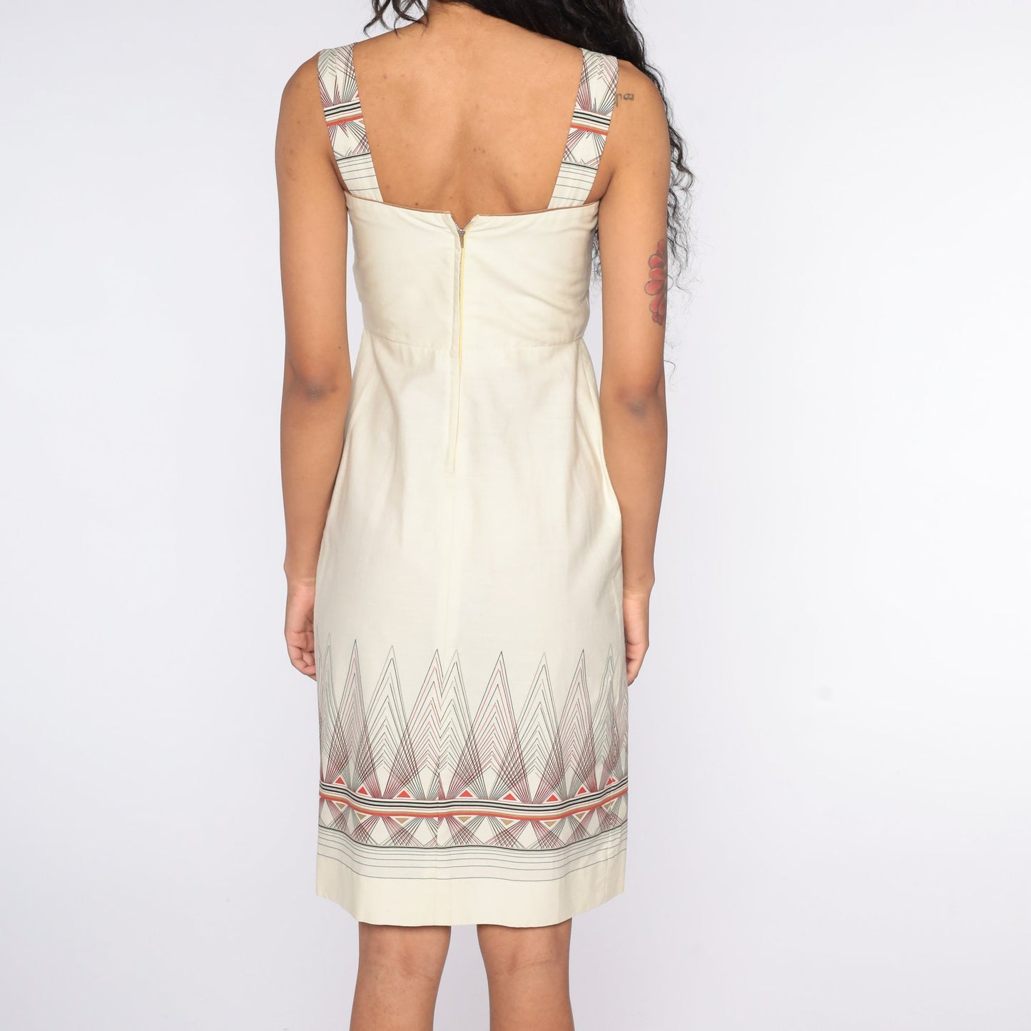 70s Cream Geometric Stripe Mini Dress Sleeveless High Waist Extra Small