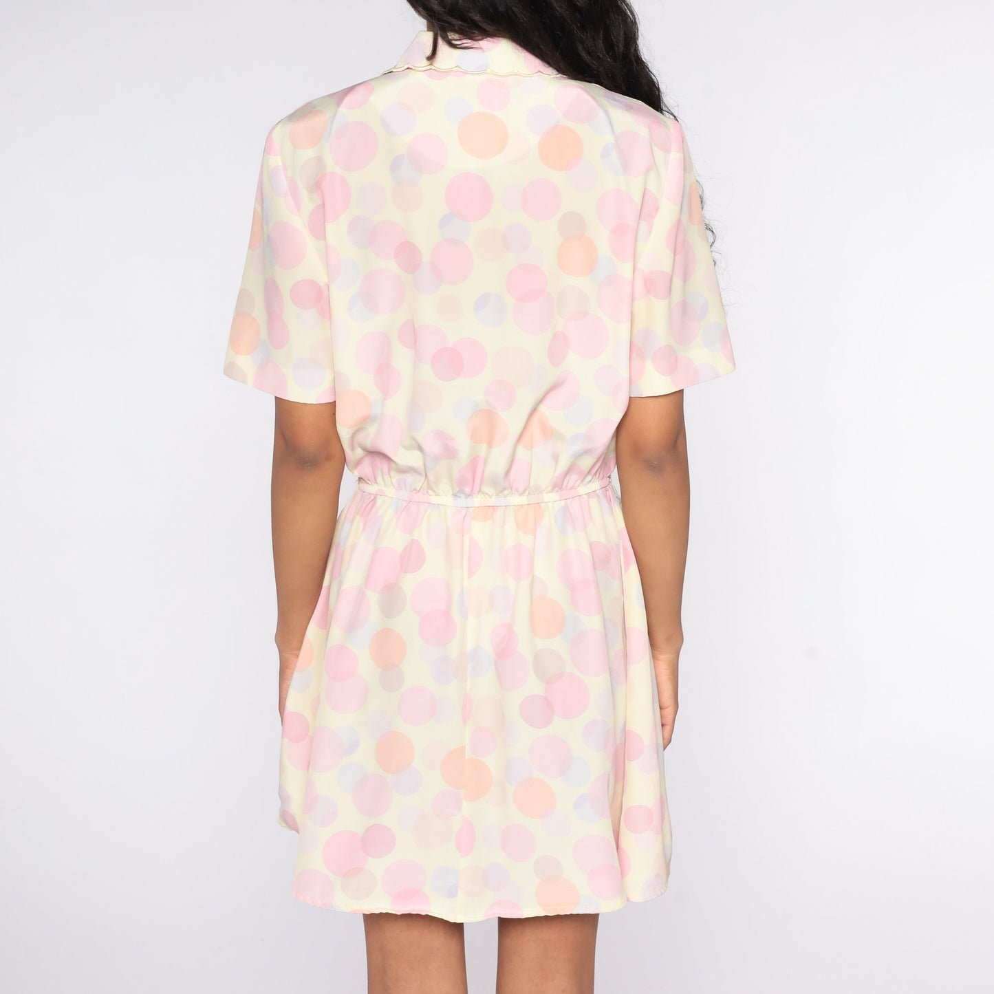 80s Polka Dot Button-Up Mini Dress High Waist Pink Purple Medium Large