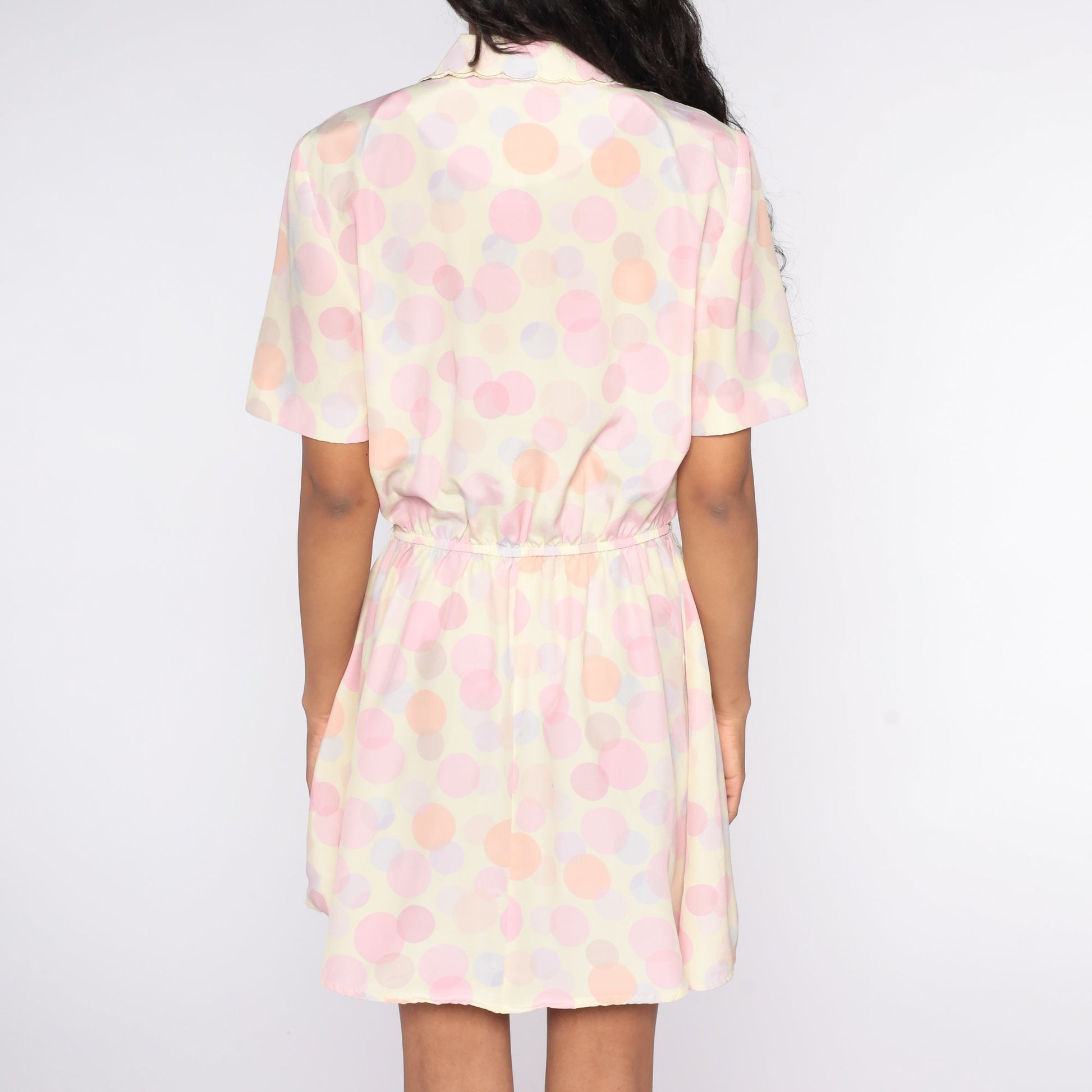 80s Polka Dot Button-Up Mini Dress High Waist Pink Purple Medium Large