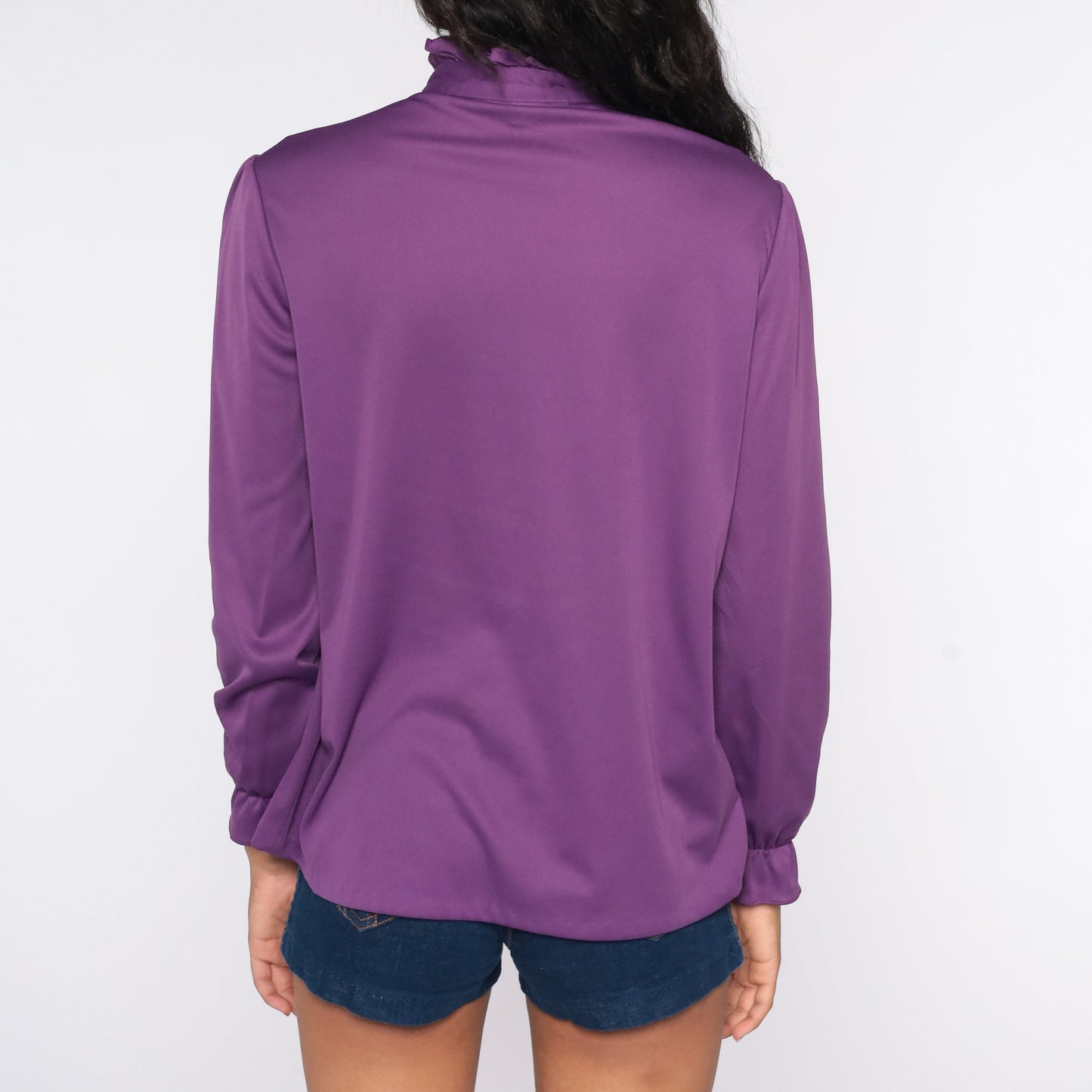 70s Purple Puff Sleeve Blouse Keyhole Tie Neck Ruffle Top Medium