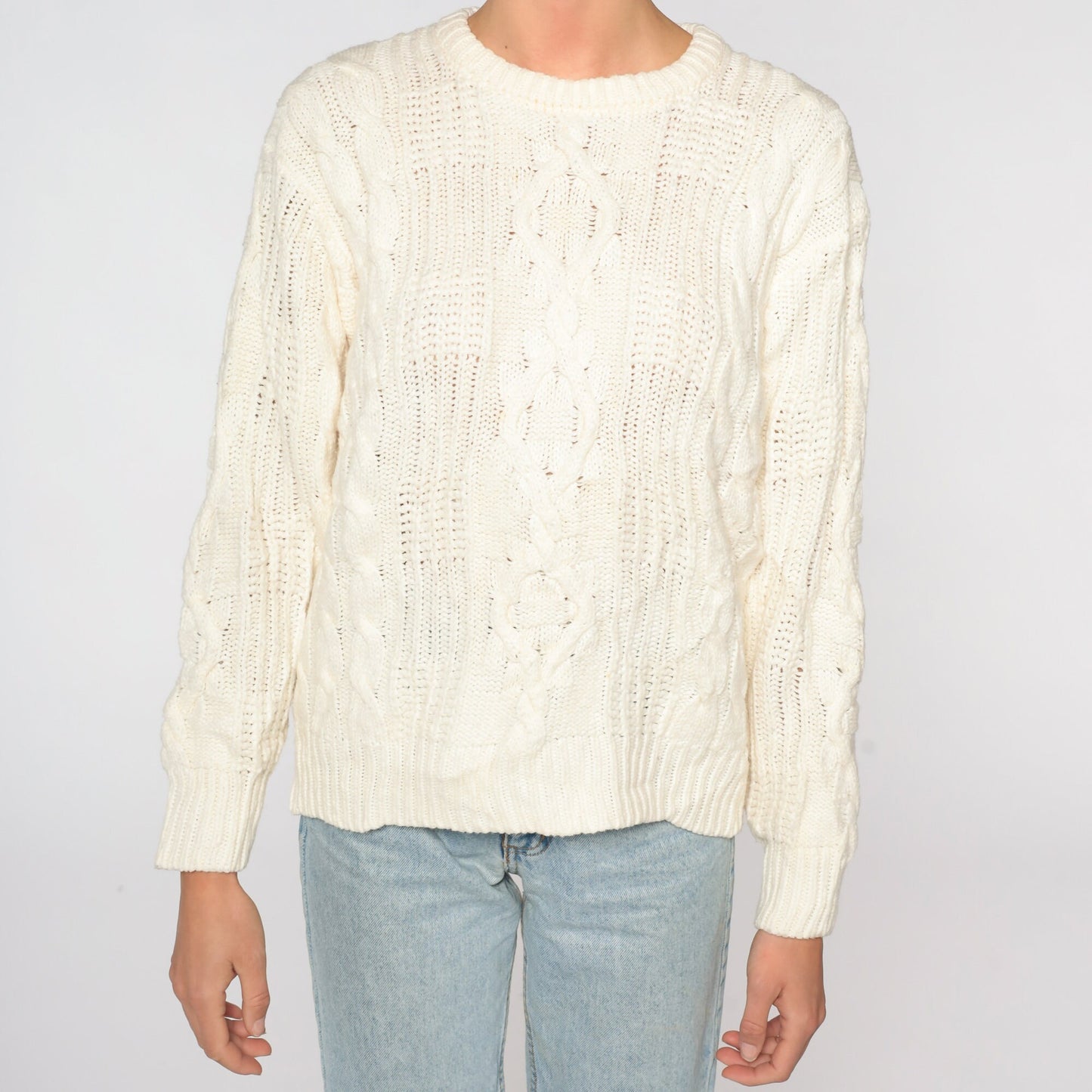 80s Cream Cable Knit Sweater Pullover Crewneck Medium