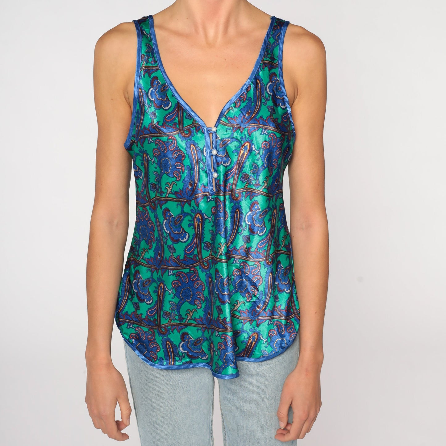 90s Green Paisley Satin Camisole Deep V Neck Tank Top Medium