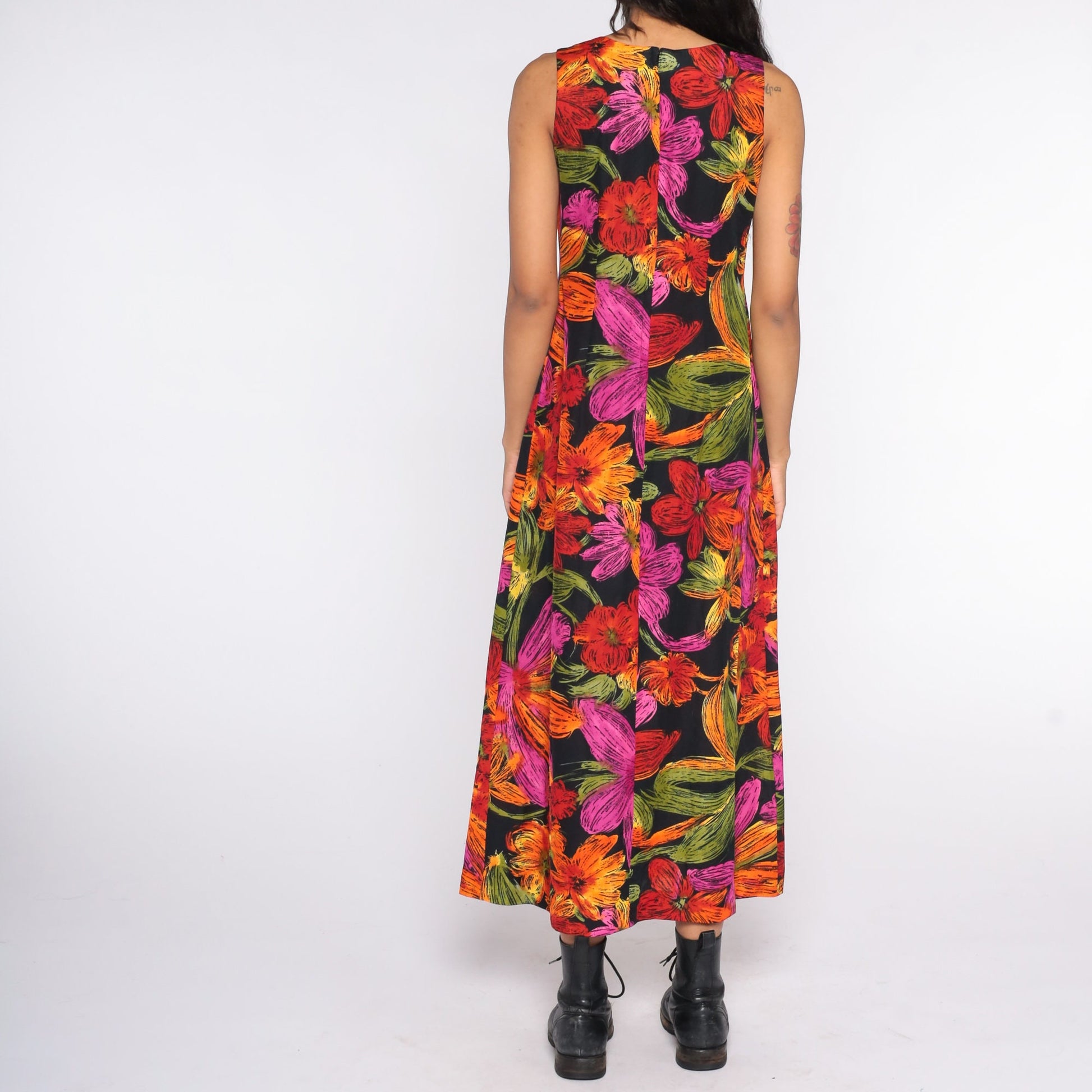 90s Floral Maxi Sundress Sleeveless Shift Black Red Pink Small Medium