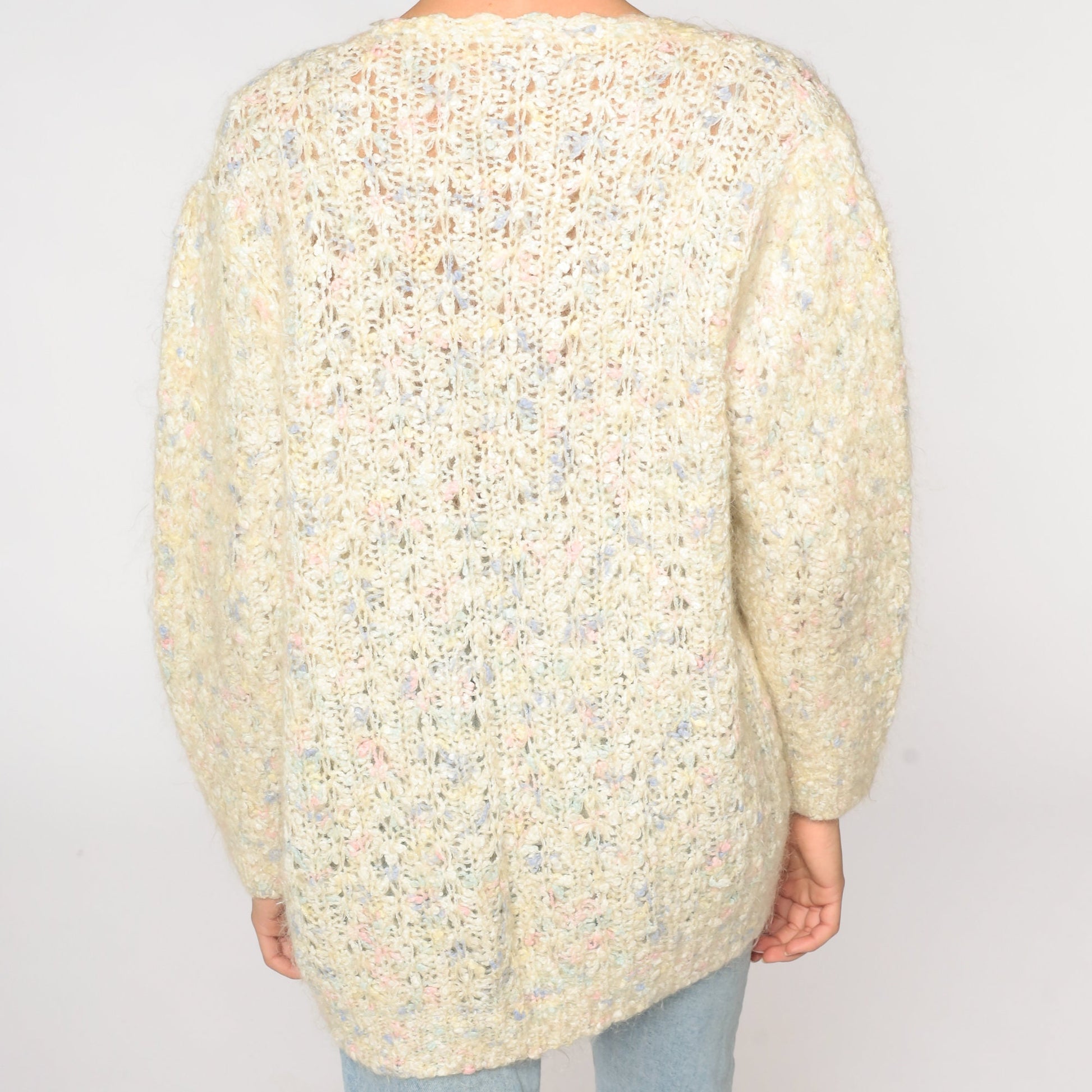 70s Cream Flecked Open Weave Cardigan Sweater Knit Medium Large