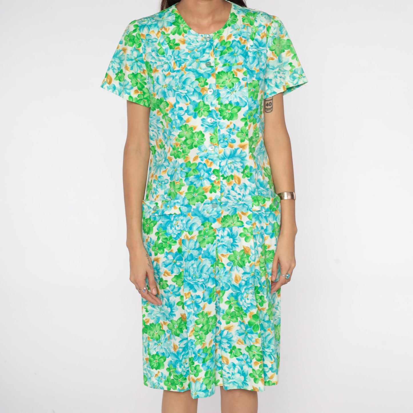 60s Floral Print Button-Up Dress White Blue Green Knee-Length Medium