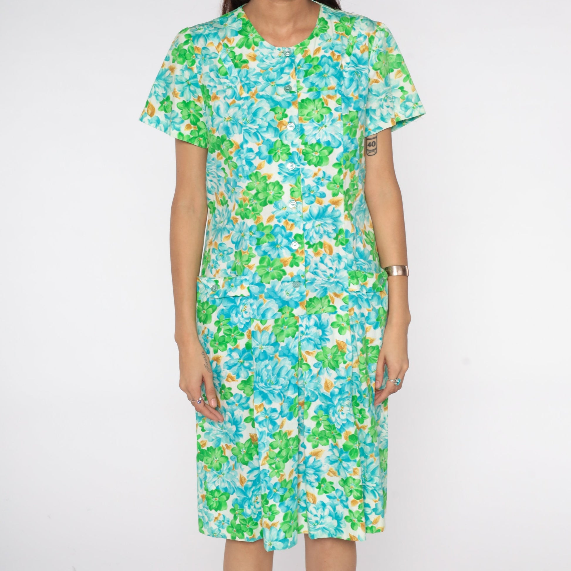 60s Floral Print Button-Up Dress White Blue Green Knee-Length Medium