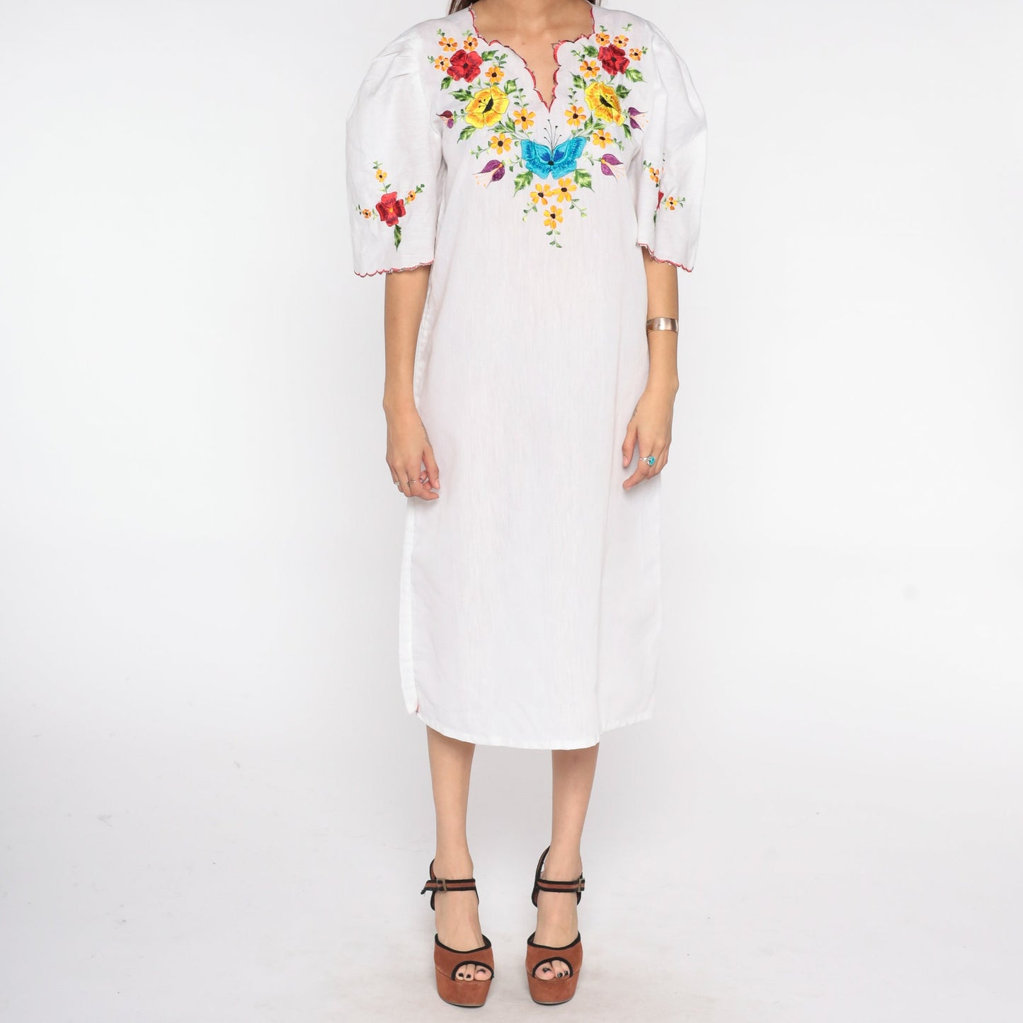 1980s Mexican Embroidered Floral Midi Dress White Cotton Puff Sleeve Medium