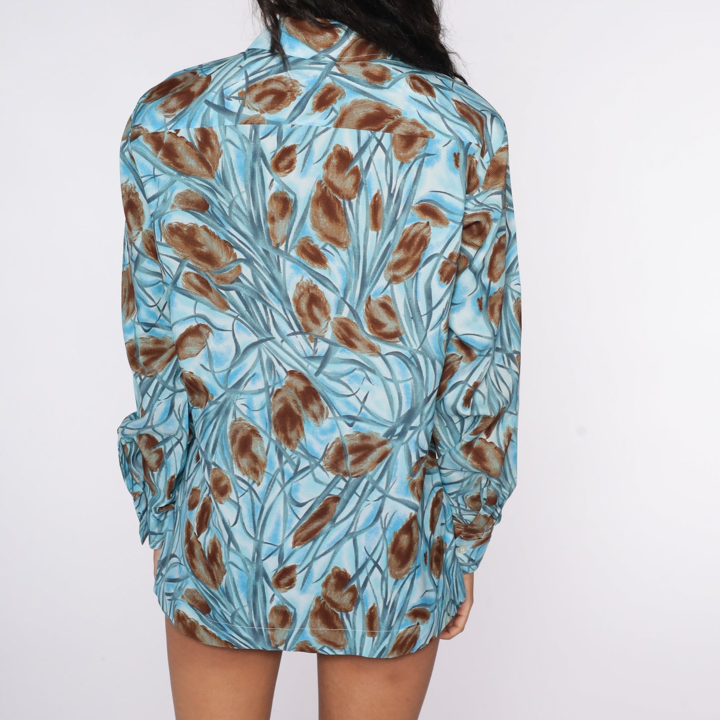 70s Blue Floral Button Up Shirt Dagger Collar Long Sleeve Medium