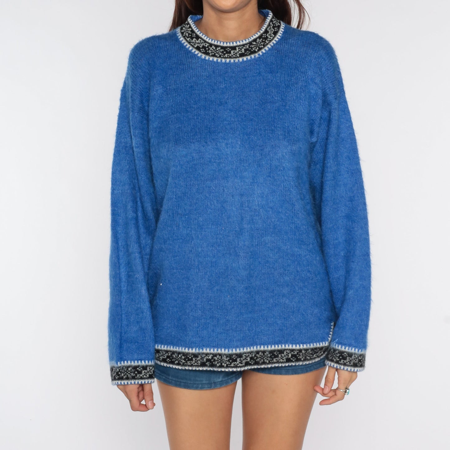 80s Blue Ringer Knit Sweater Nordic Trim Pullover Medium