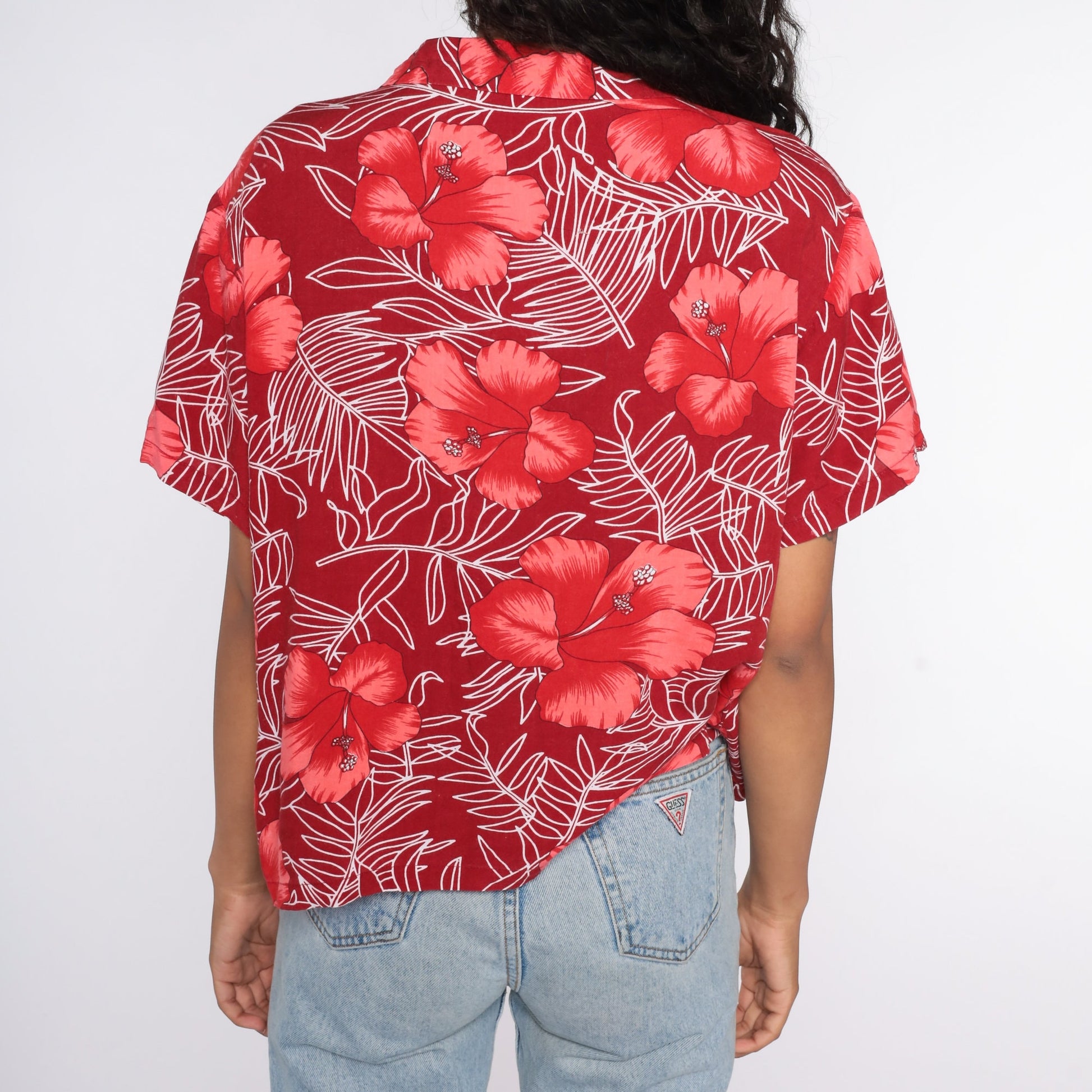 80s Red Hawaiian Floral Shirt Button Up Tropical Blouse Large L