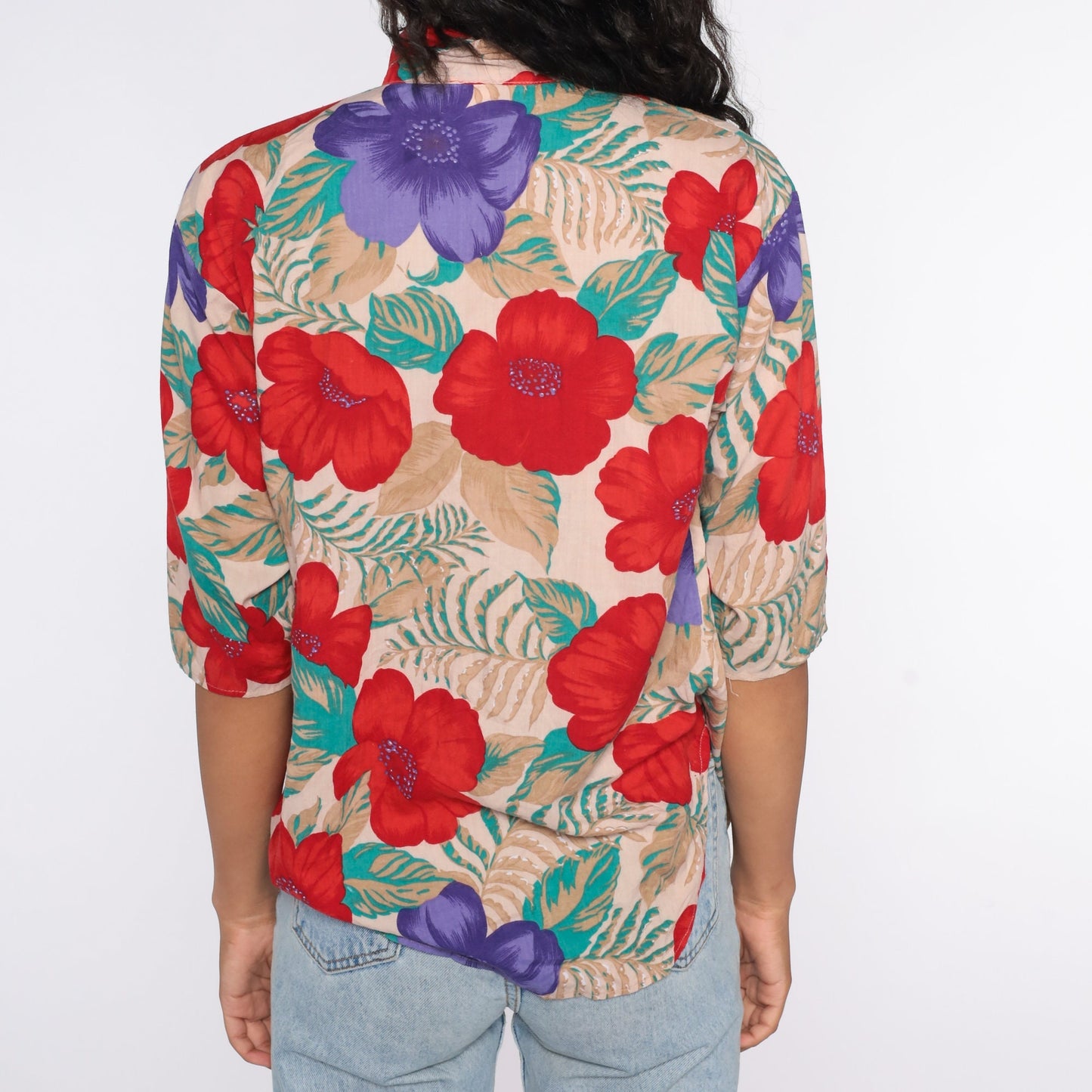 90s Floral Rayon Button-Up Blouse Taupe Red Flower Print Small