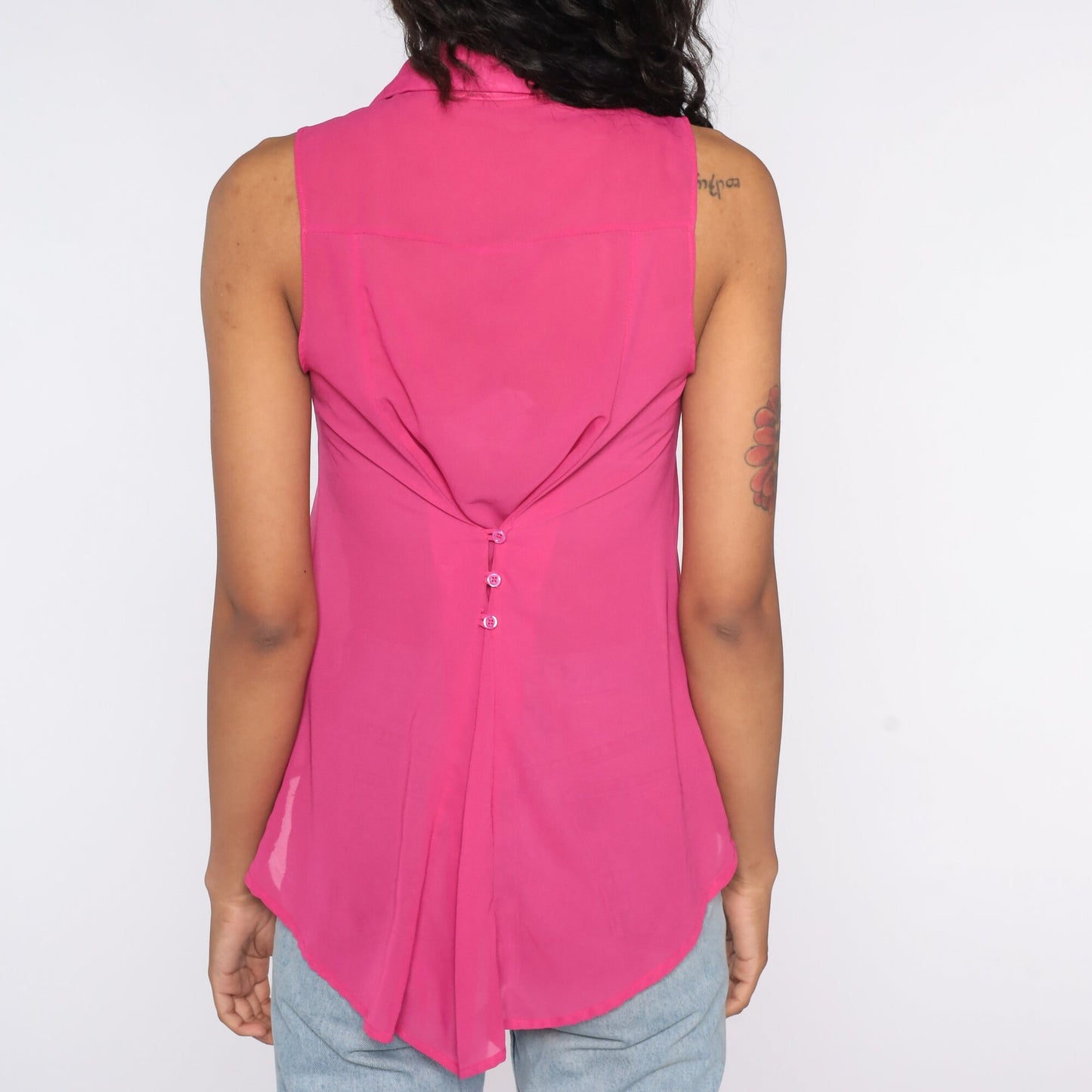 90s Sheer Pink Button-Up Tank Top Sleeveless Blouse Extra Small