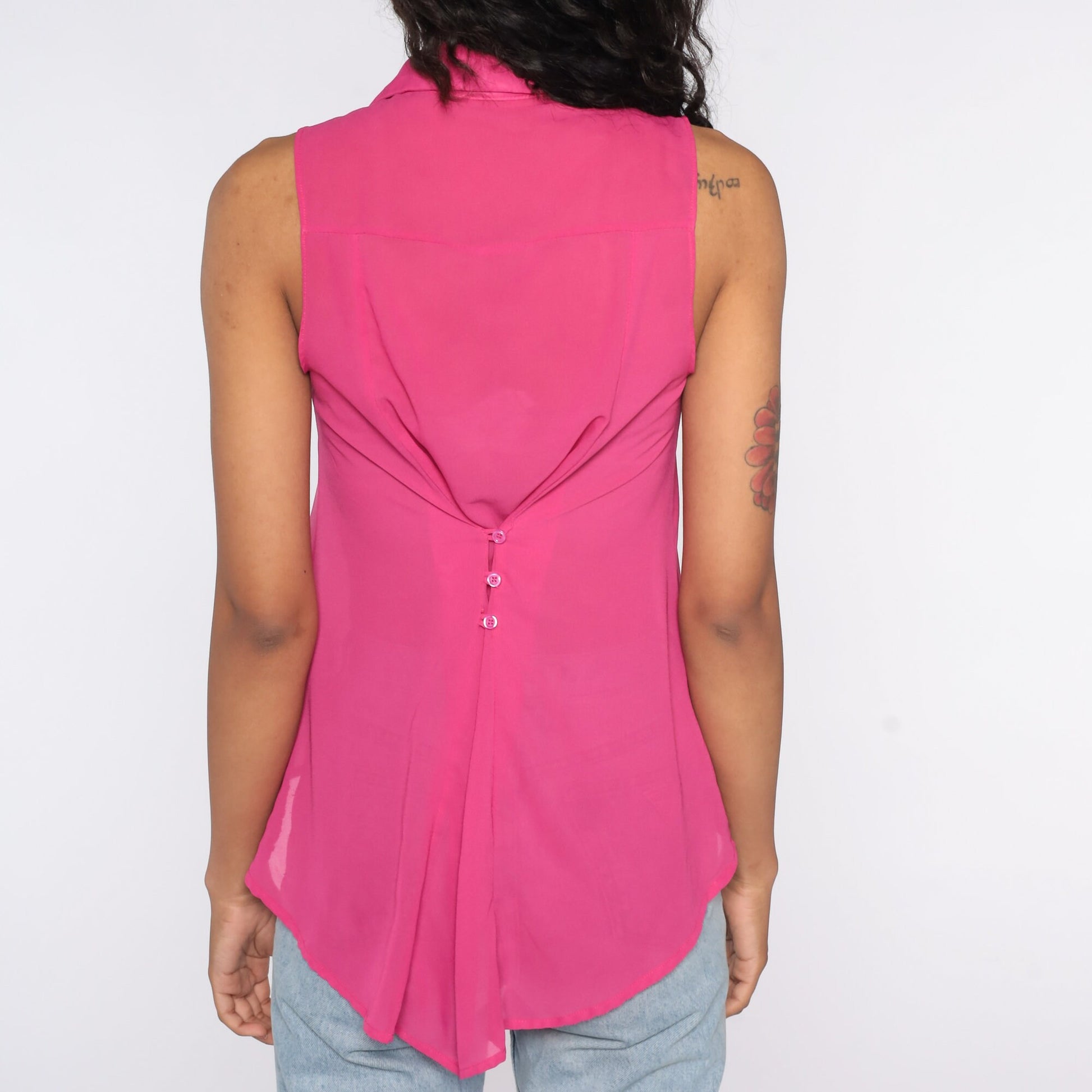 90s Sheer Pink Button-Up Tank Top Sleeveless Blouse Extra Small