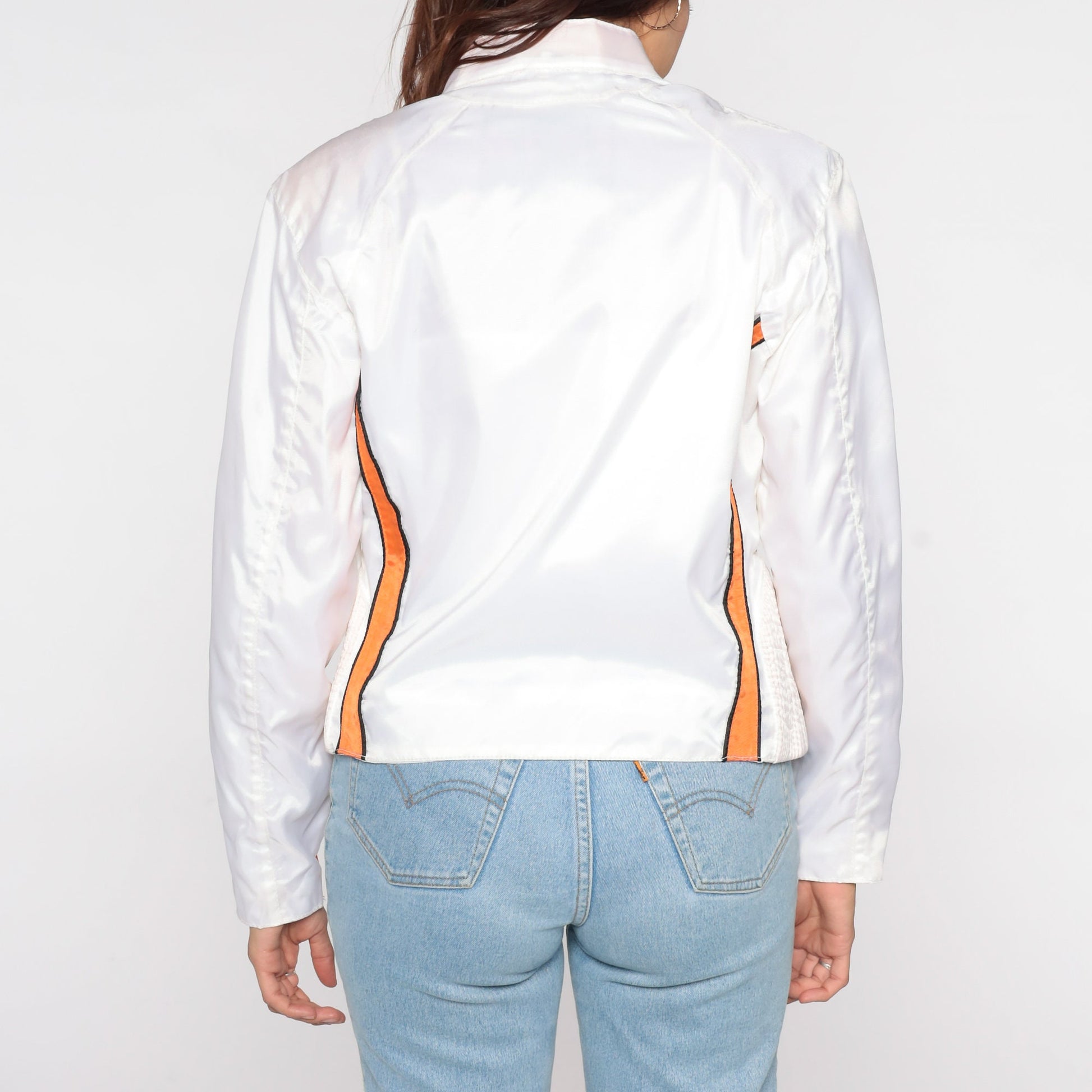 80s White Moto Jacket Orange Stripes Cafe Racer Windbreaker Medium