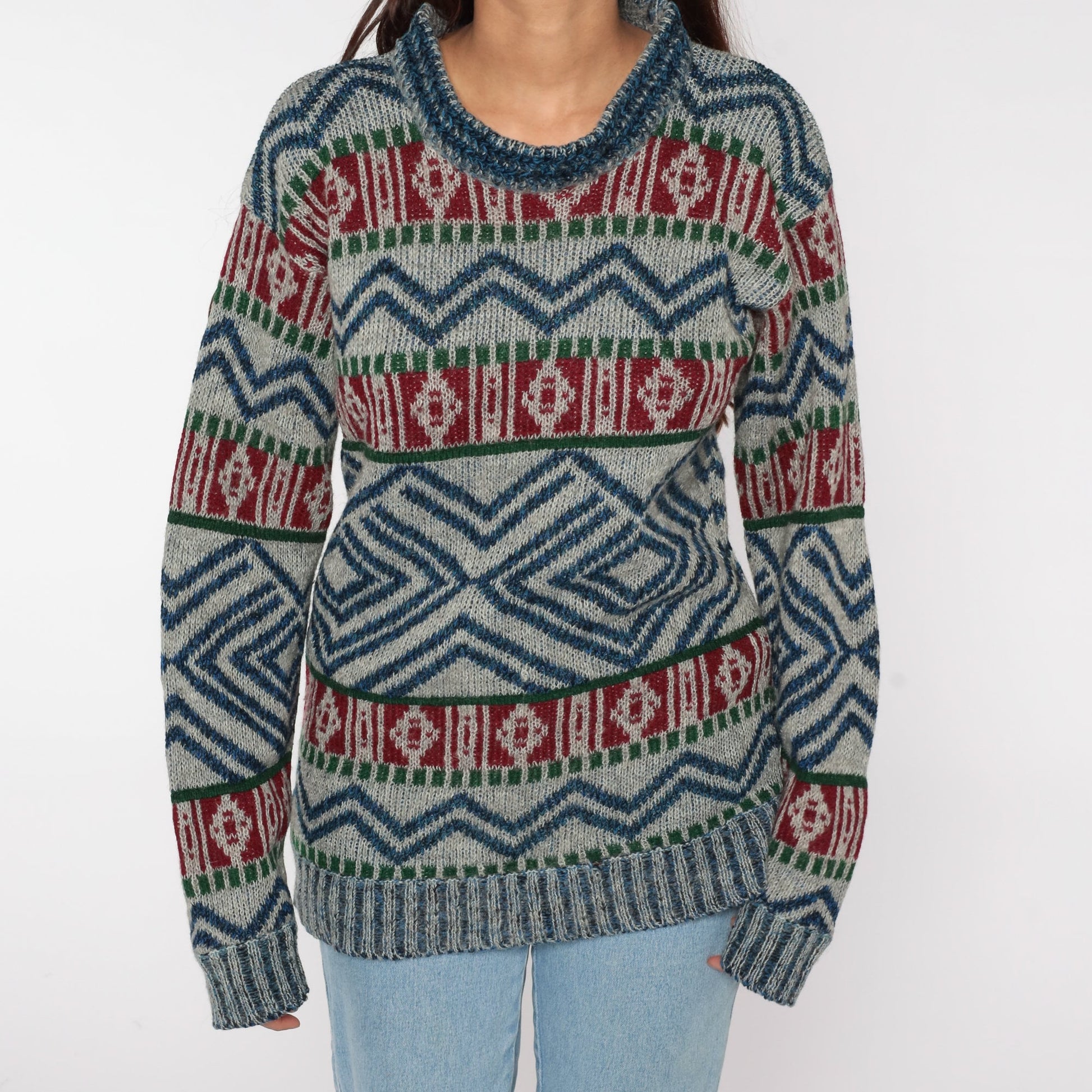 80s Geometric Wool Knit Sweater Grey Blue Red Striped Abstract Small Medium