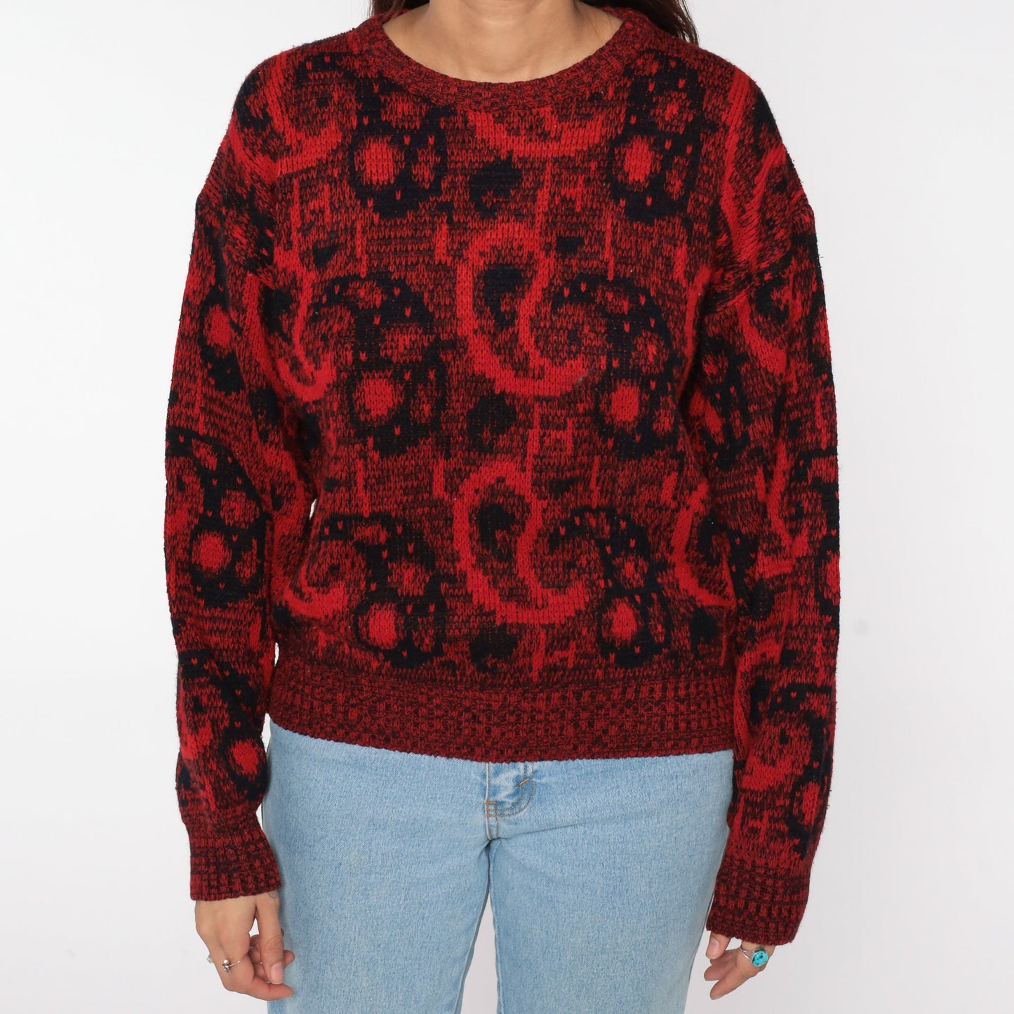 80s Paisley Pullover Sweater Red Black Acrylic Knit Medium