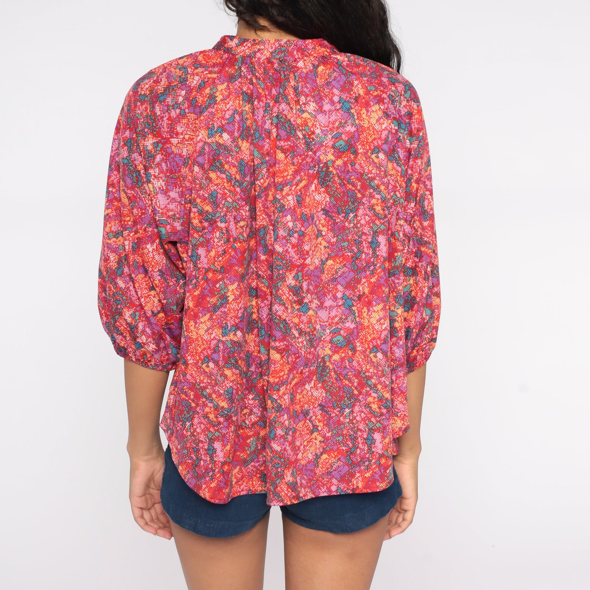 70s Psychedelic Abstract Button-Up Blouse Long Sleeve Tunic Shirt Medium Large
