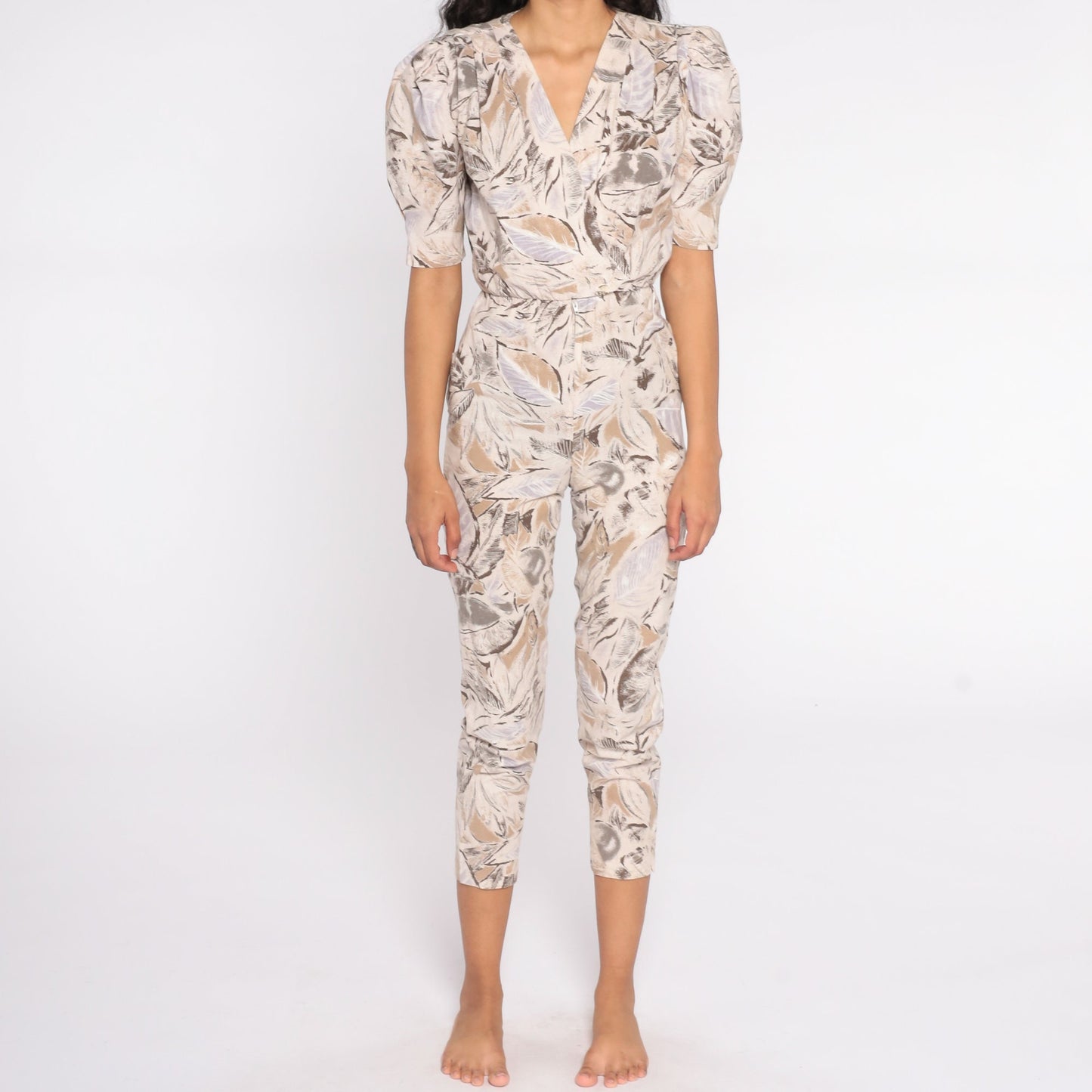 80s Tropical Leaf Print Jumpsuit Puff Sleeve Wrap Bodice Tan Extra Small
