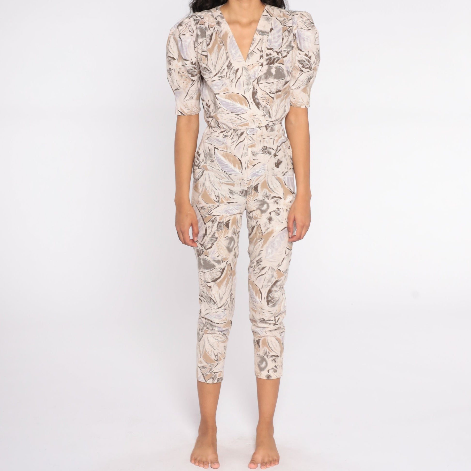80s Tropical Leaf Print Jumpsuit Puff Sleeve Wrap Bodice Tan Extra Small