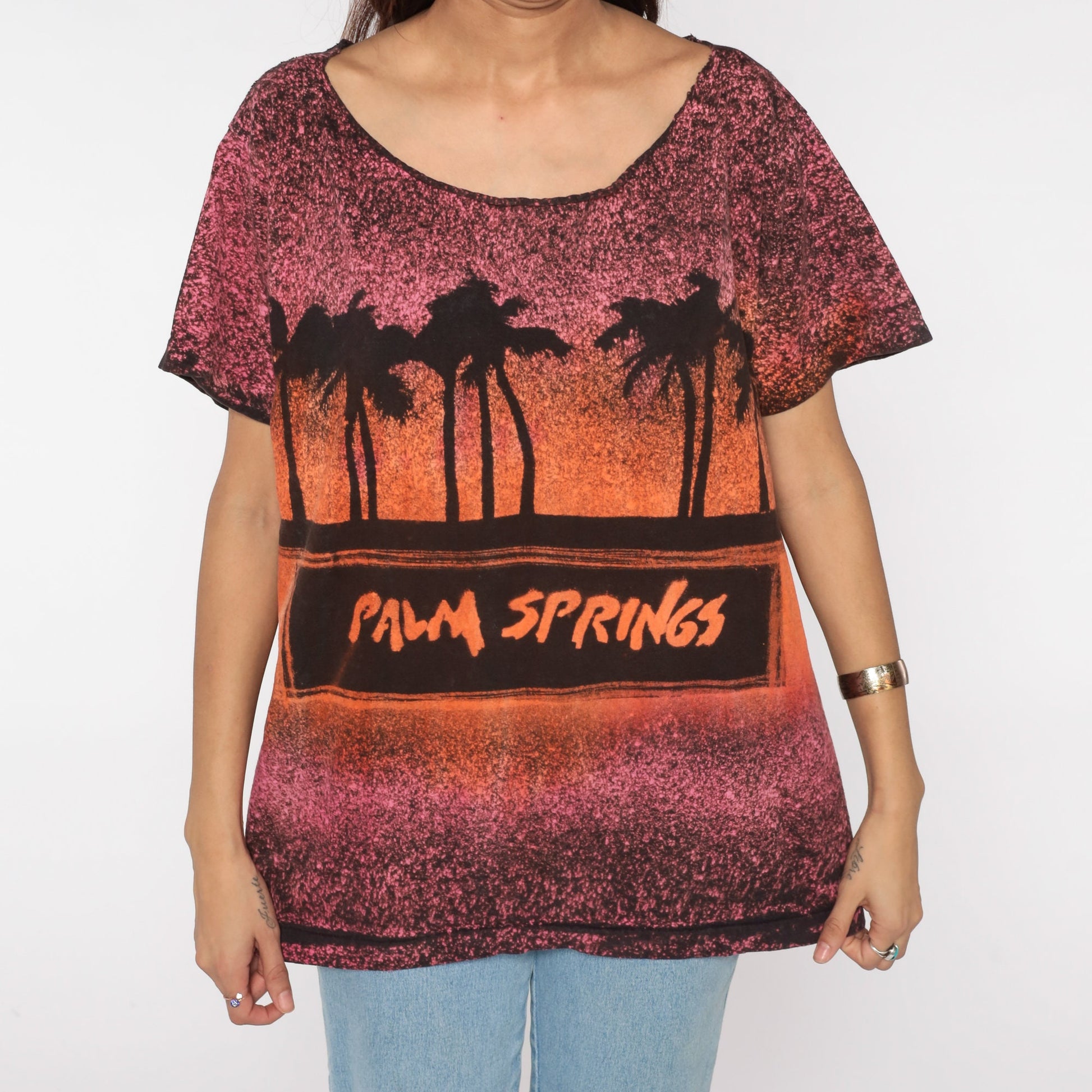90s Palm Springs California Sunset Graphic T-Shirt Orange Pink Large