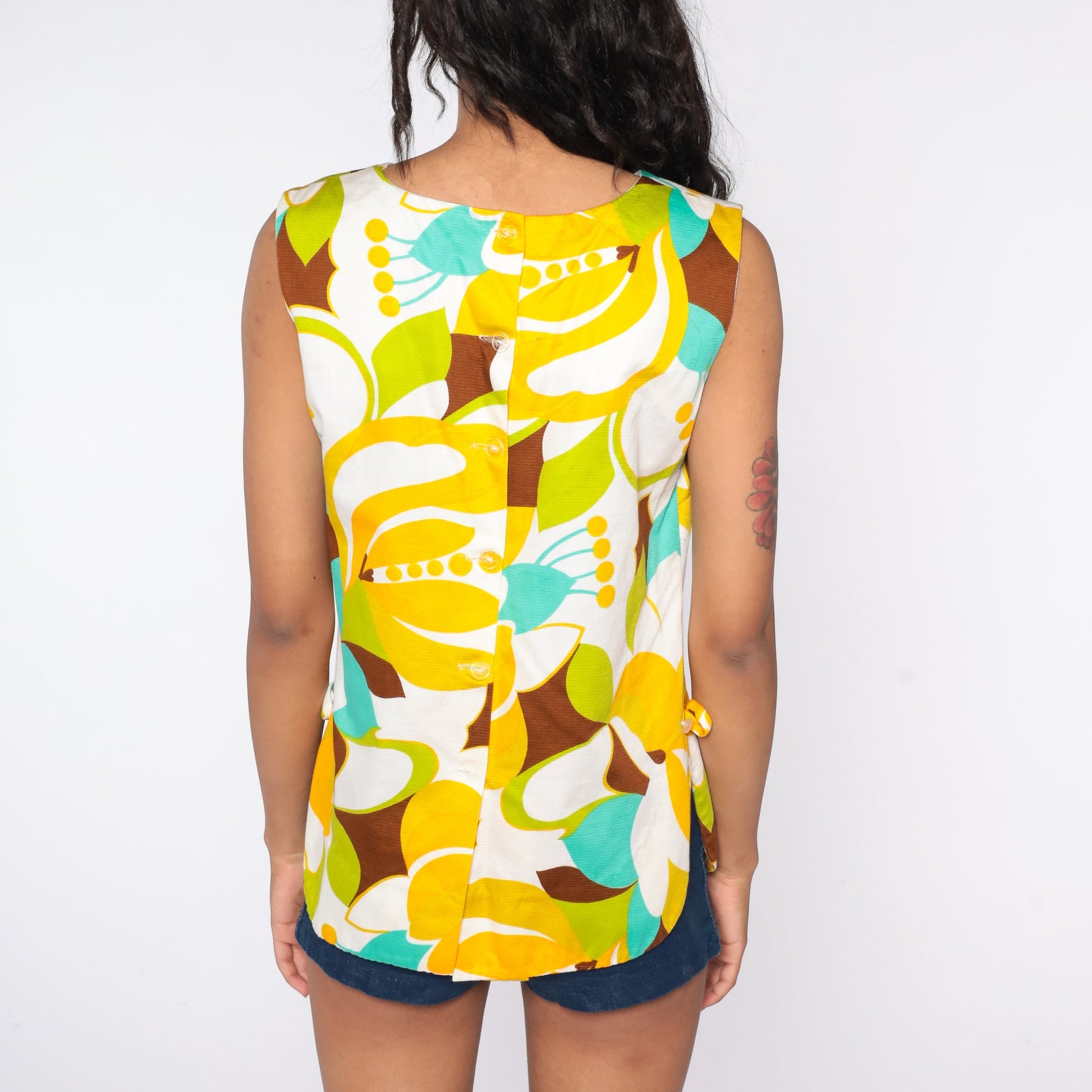 70s Floral Tank Top Tropical Print Sleeveless Blouse Medium
