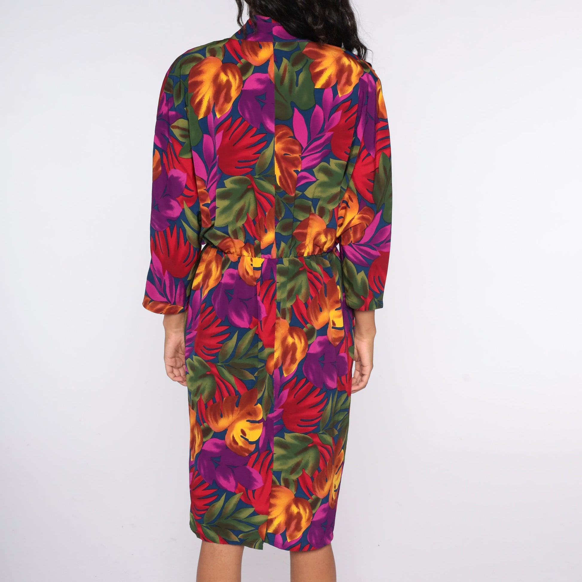 90s Tropical Floral Midi Dress Dolman Sleeve Purple High Waist Large 14