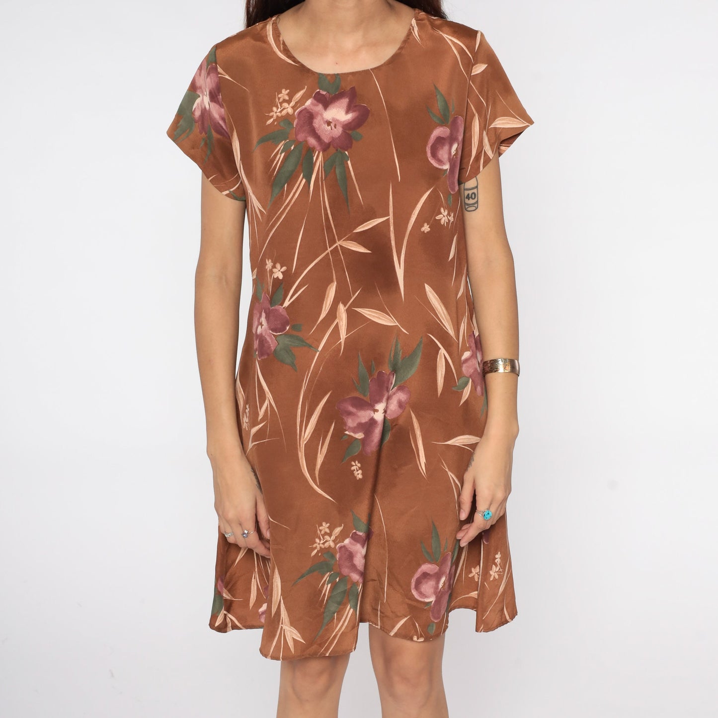 90s Brown Floral Mini Dress Shift Cut Short Sleeve Medium