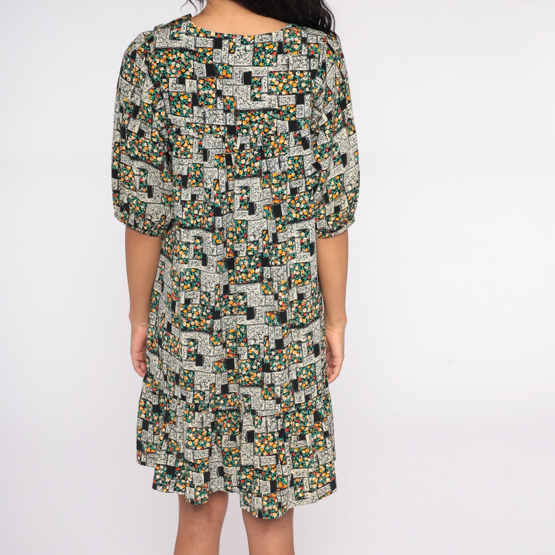 80s Floral Mini Dress Tent Cut Puff Sleeve Black Green Small S