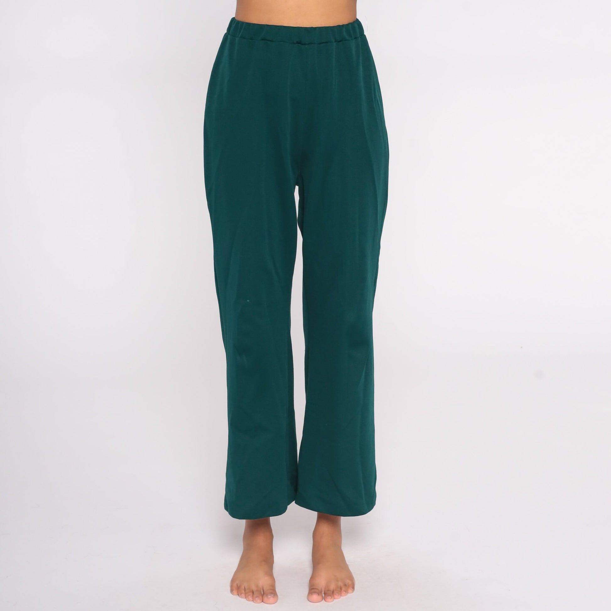 70s Green Bell Bottom Trousers High Waist Flared Polyester Small Medium