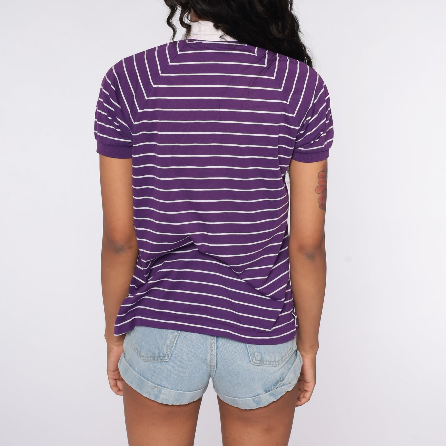 80s Purple Striped Horse Polo Shirt Short Sleeve Button Up Small S