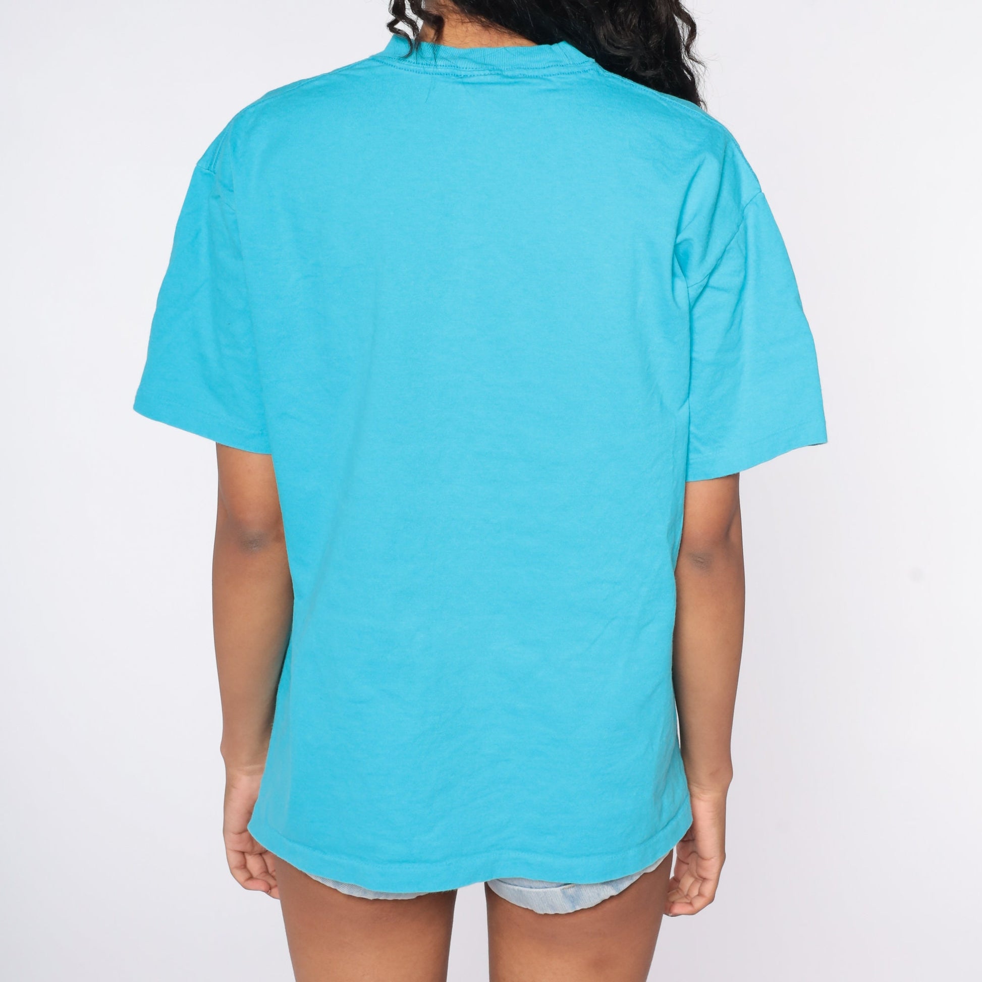 80s Blue Single Stitch Plain T-Shirt Cotton Crewneck Large L