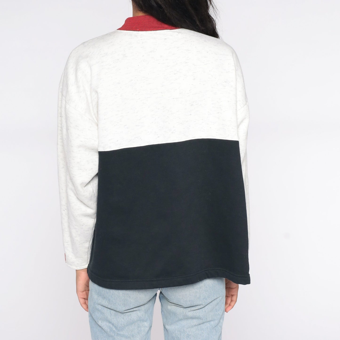 90s Horse Crest Colour Block Sweatshirt Grey Black Mock Neck Medium Large