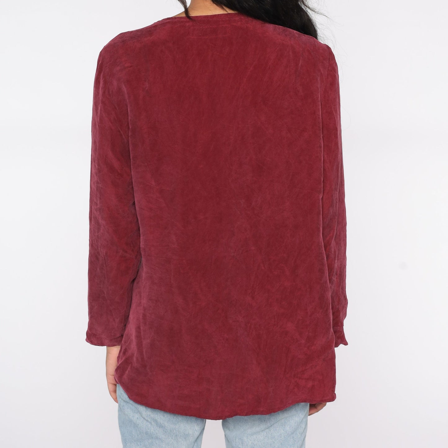 90s Burgundy Button Up Blouse with Attached Vest Rayon Medium