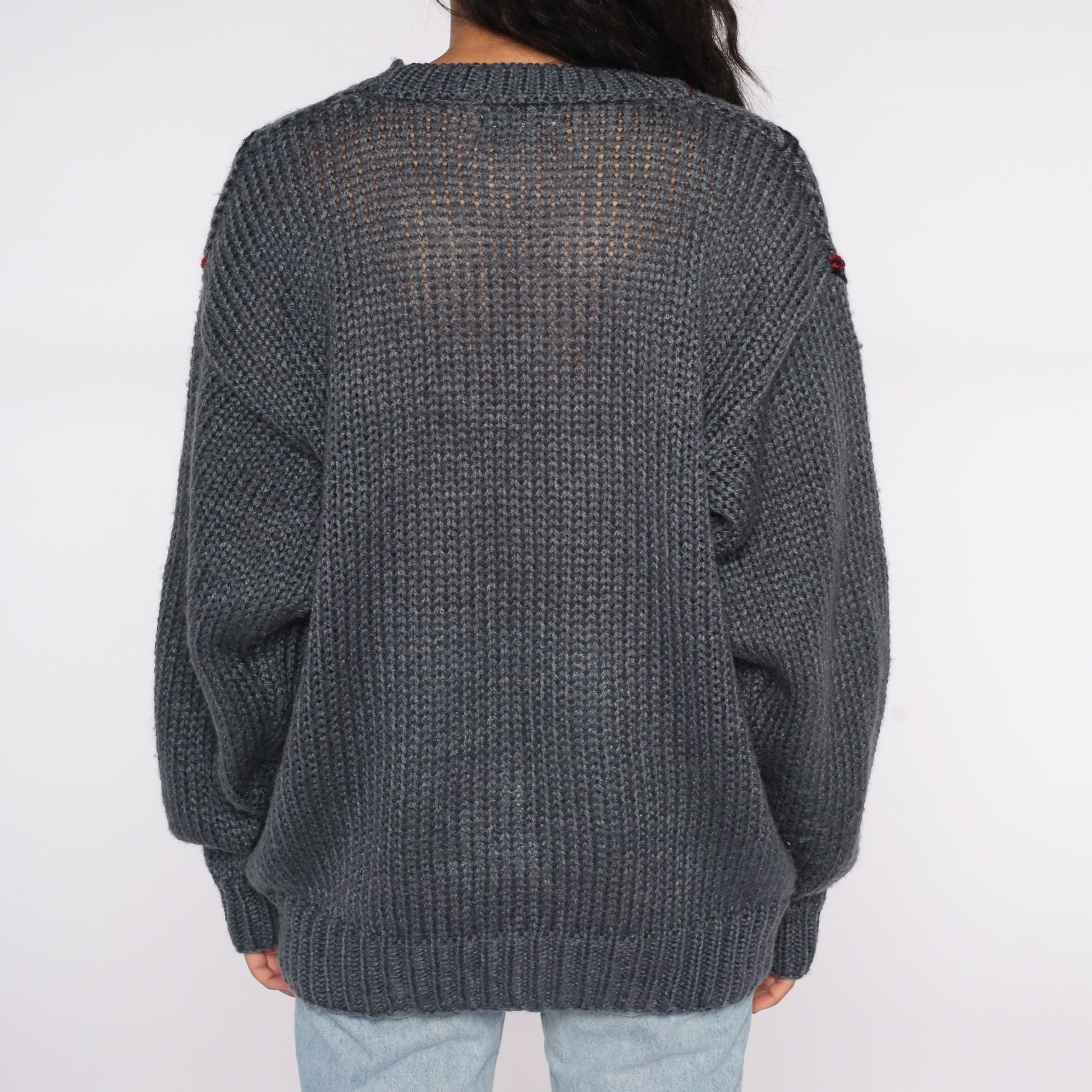 80s Geometric Abstract Sweater Grey Black Semi-Sheer Knit Pullover Extra Large