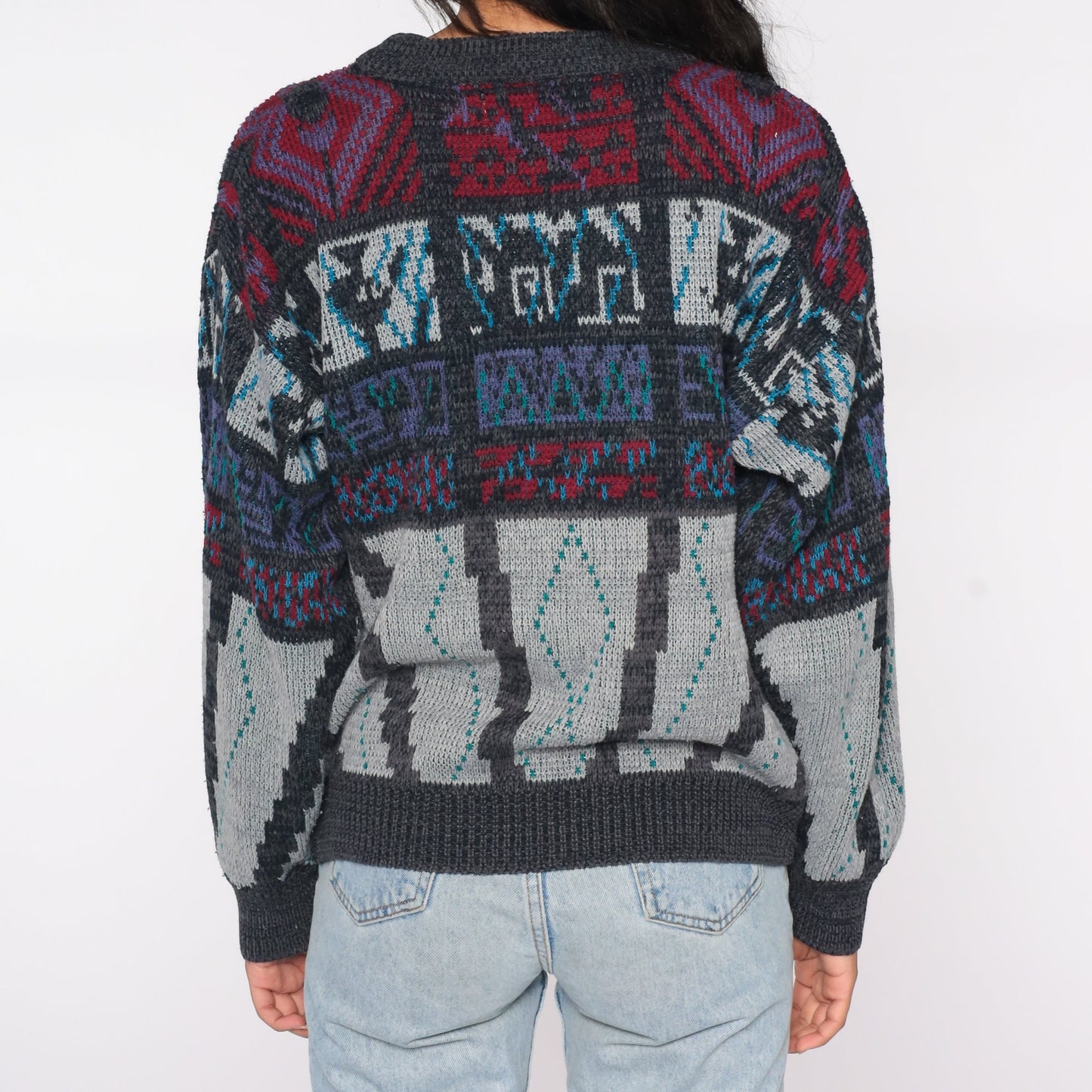 90s Geometric Sweater Charcoal Grey Red Knit Crewneck Large
