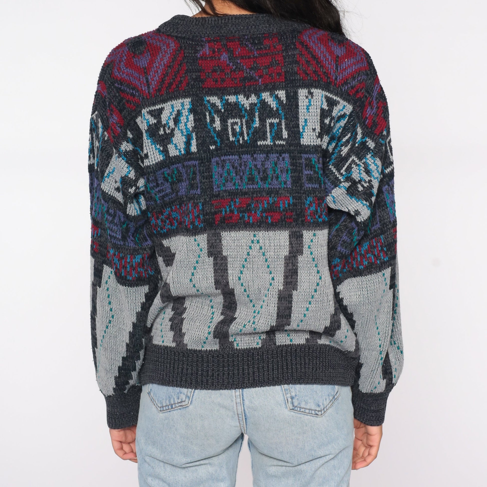 90s Geometric Sweater Charcoal Grey Red Knit Crewneck Large