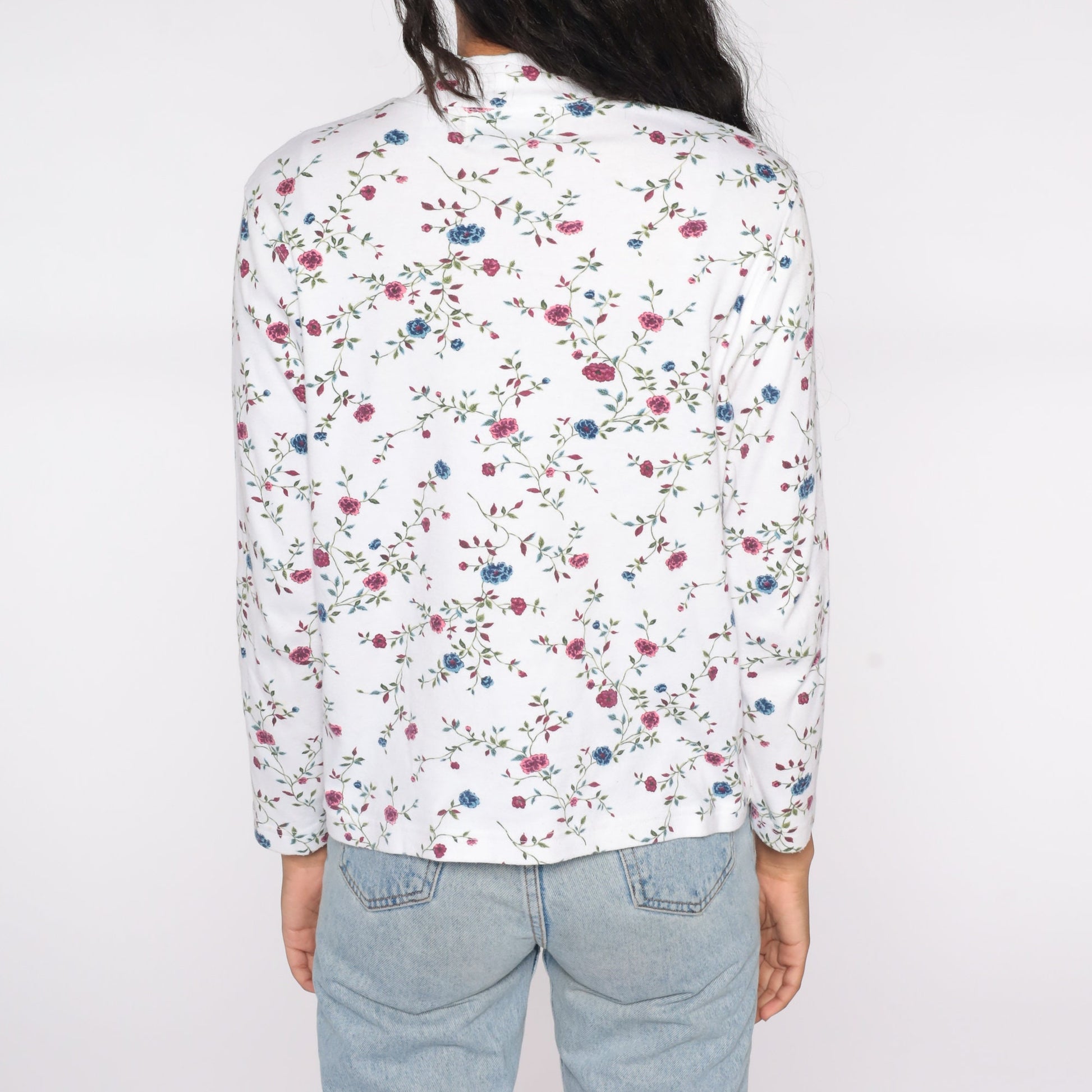 90s Floral Mock Neck Shirt White Long Sleeve Quarter Button Top Small