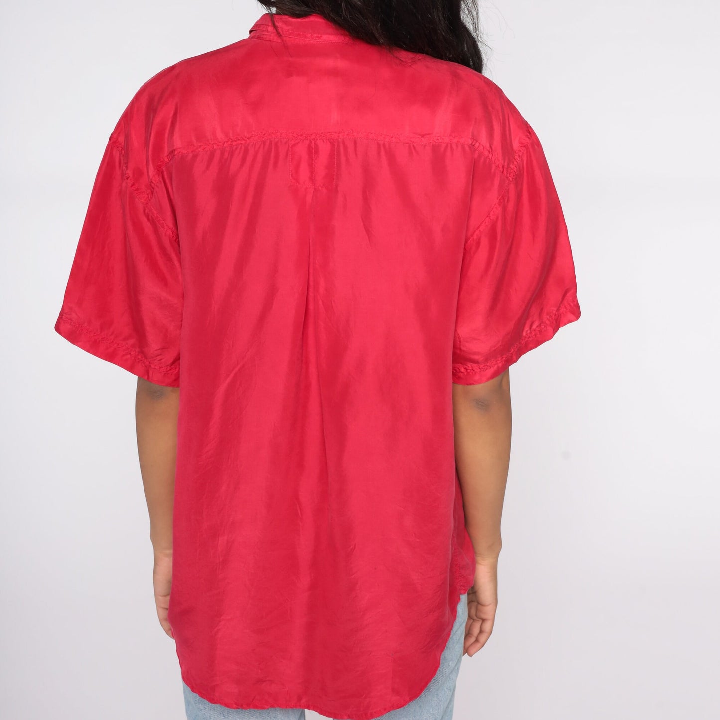 90s Red Silk Button-Up Shirt Short Sleeve Blouse Medium M