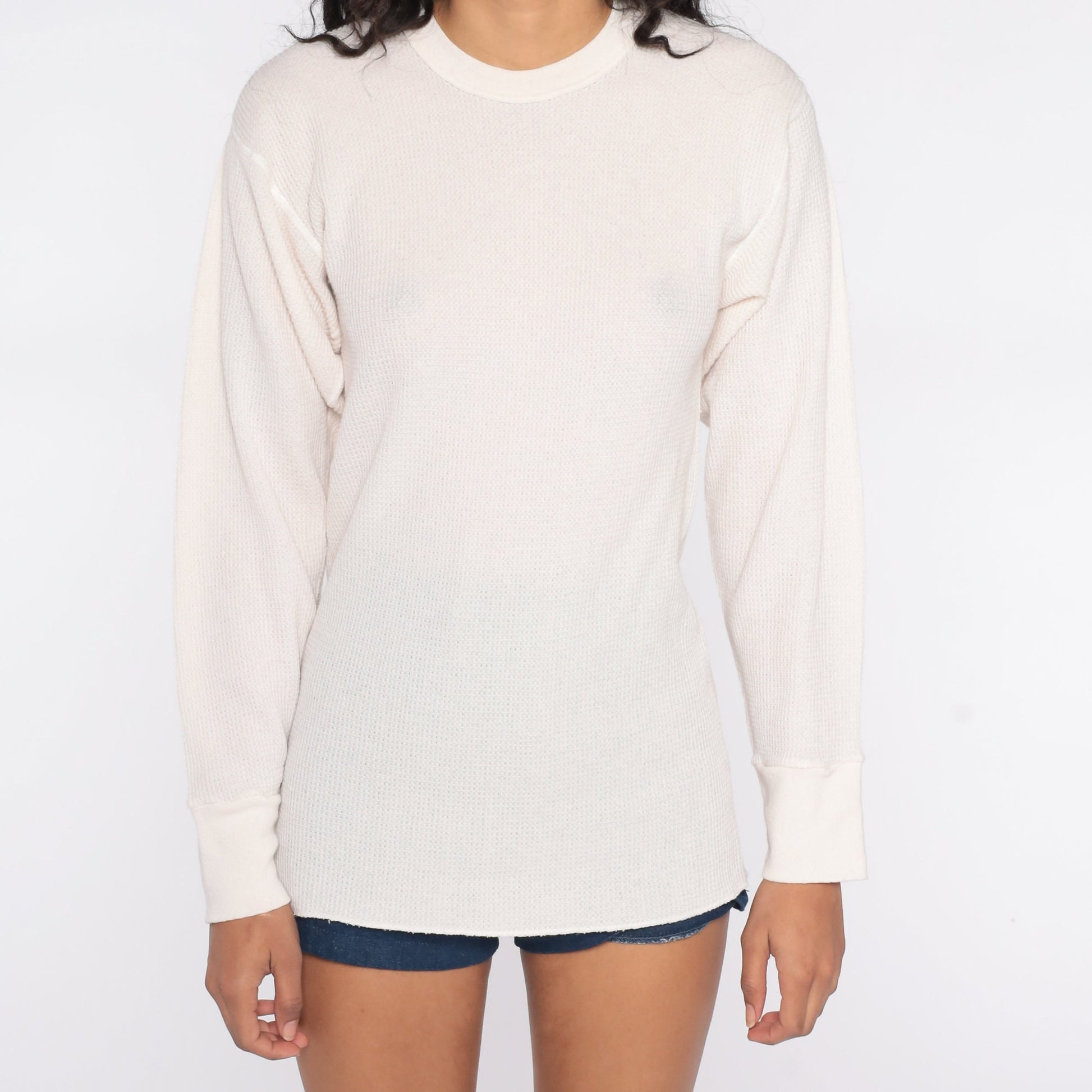 80s Off-White Waffle Knit Thermal Long Sleeve Shirt Extra Large XL
