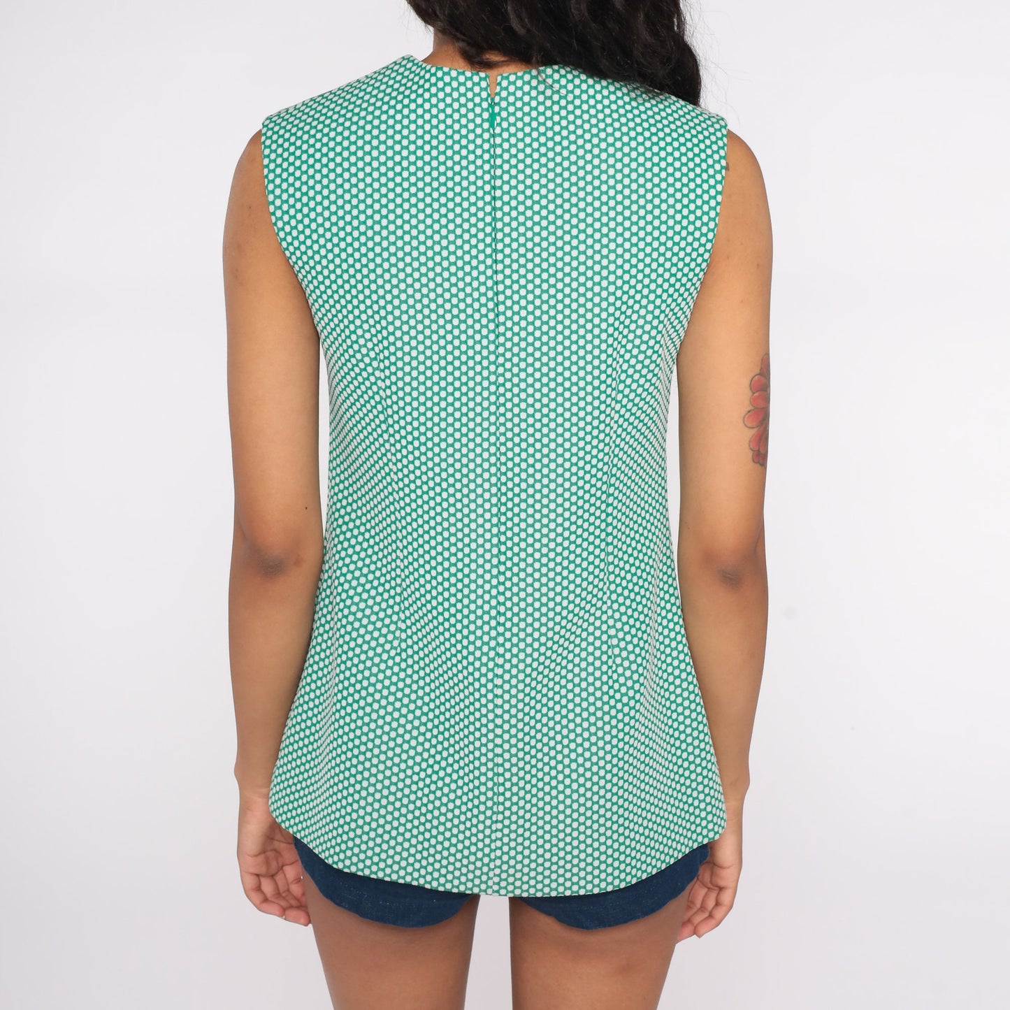 70s Green Polka Dot Sleeveless Blouse Tank Top Small