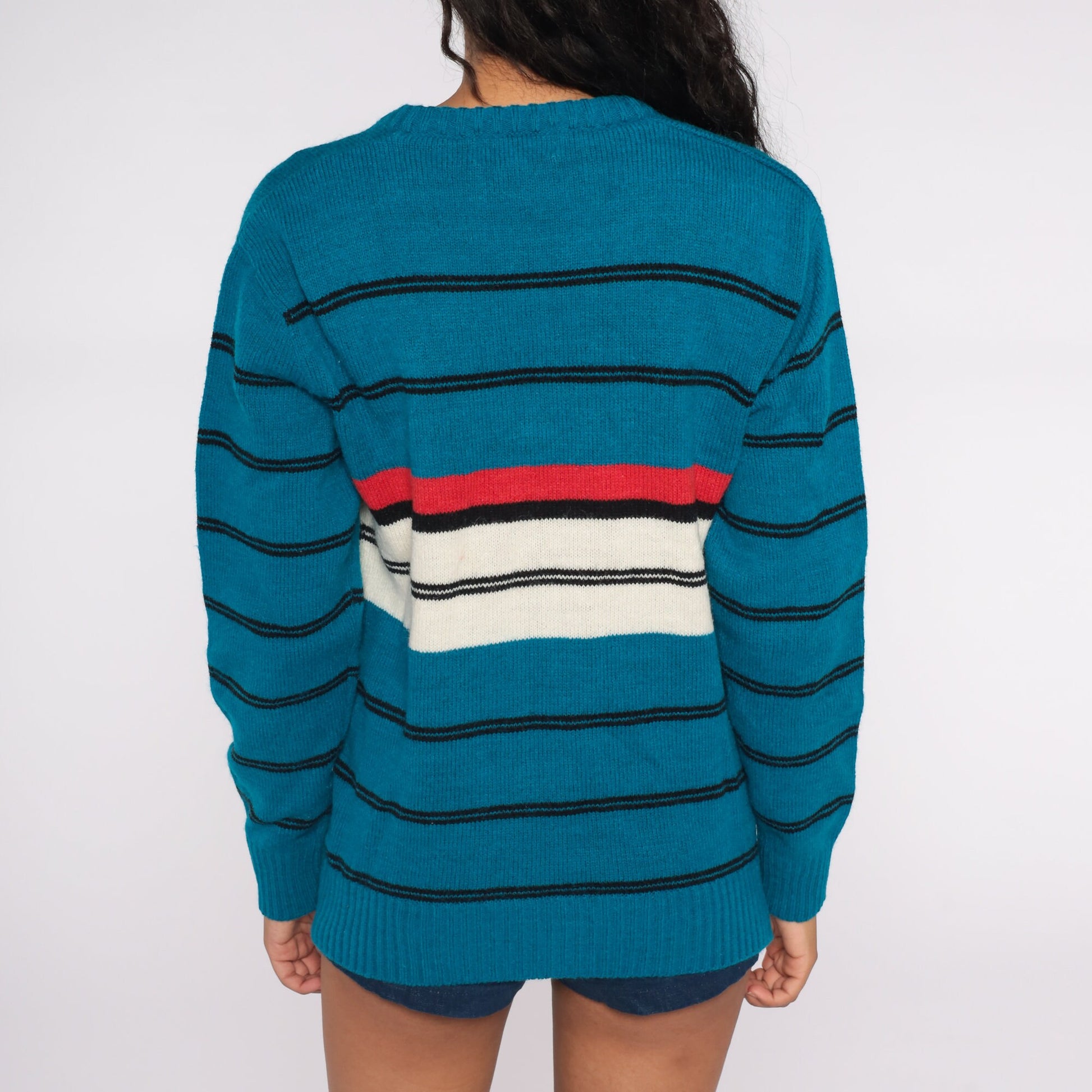 80s Le Tigre Striped V-Neck Sweater Turquoise Red White Black Medium M