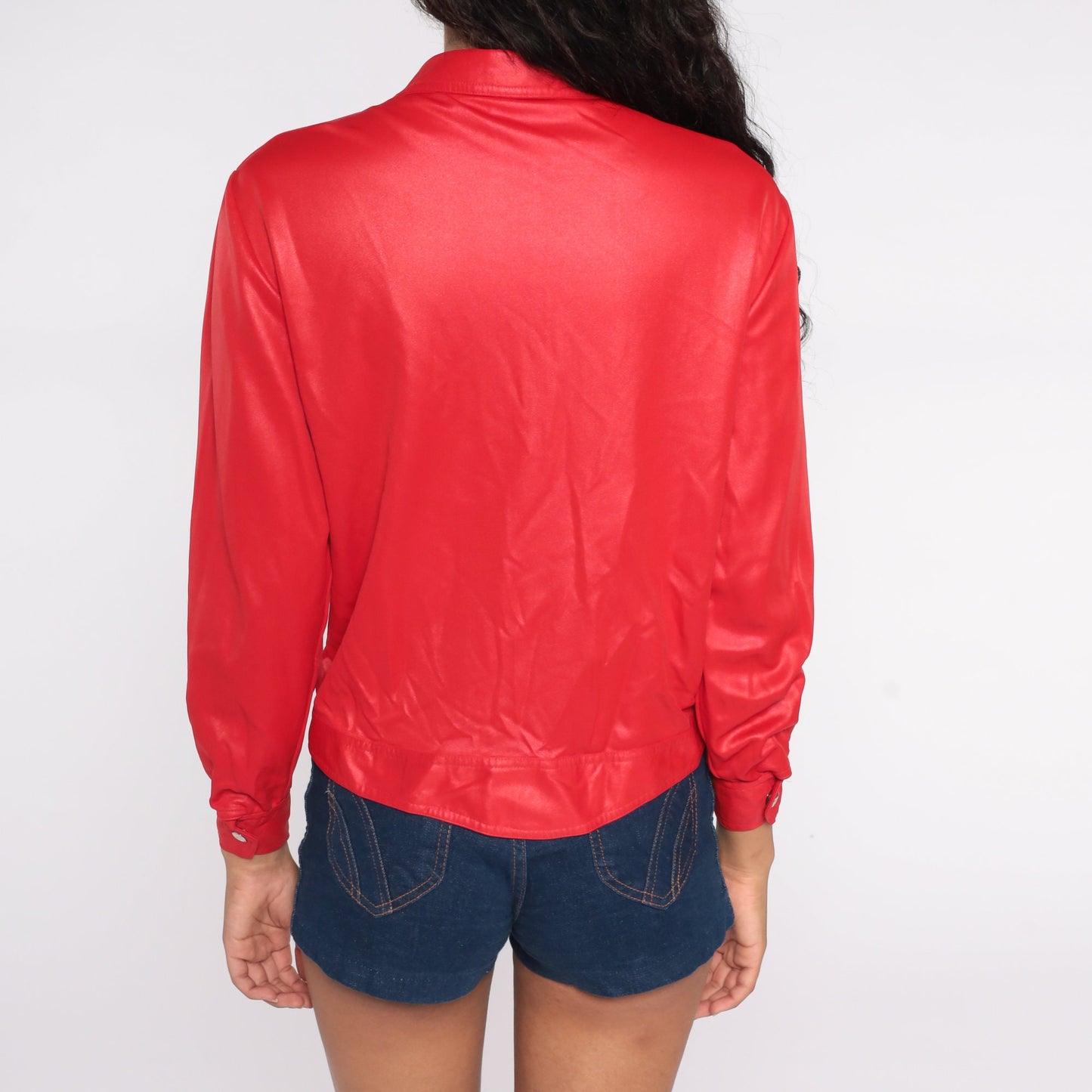 70s Red Shimmery Biker Blouse Snap-Front Long Sleeve Shirt Small