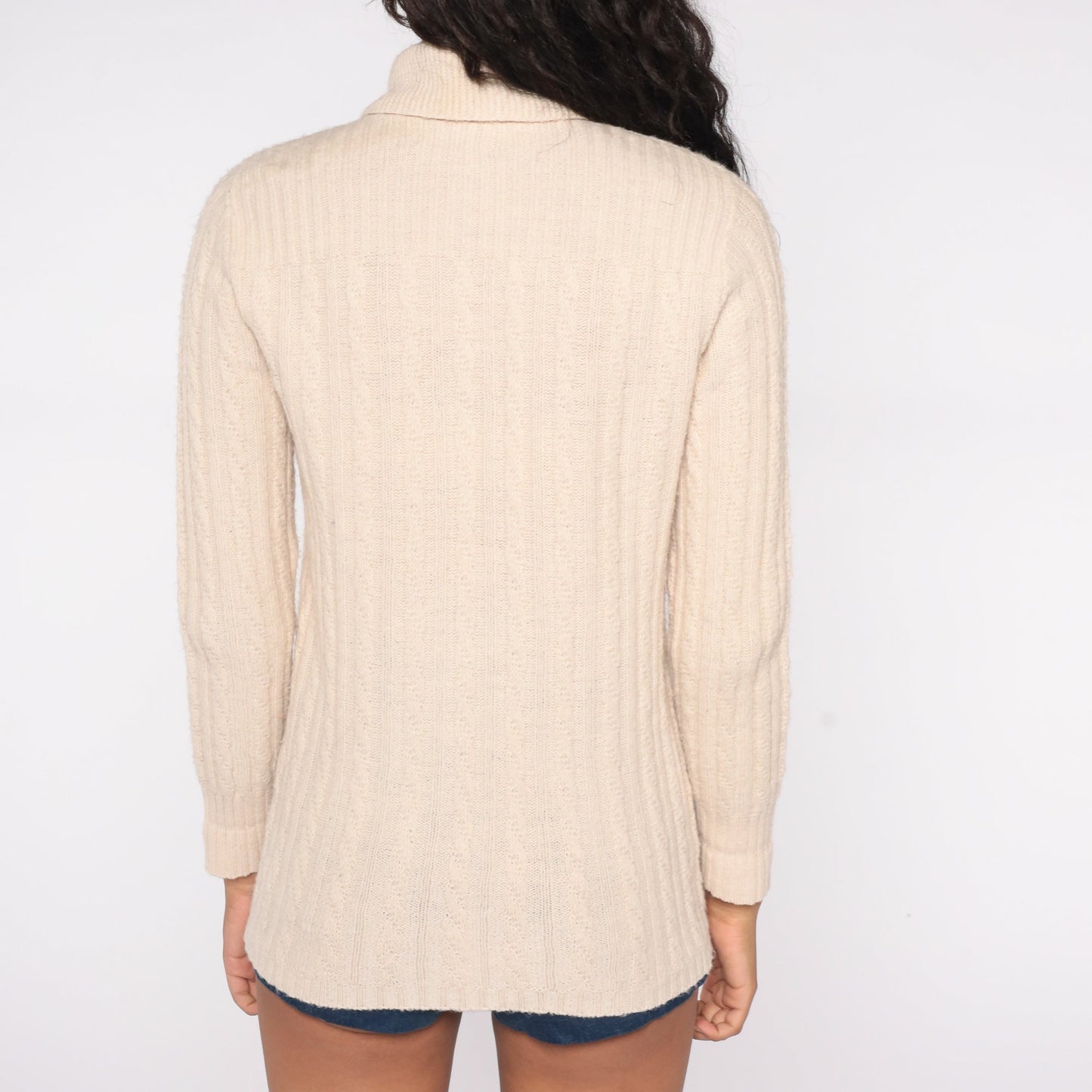 70s Cream Cable Knit Cardigan Dagger Collar Button Up Small