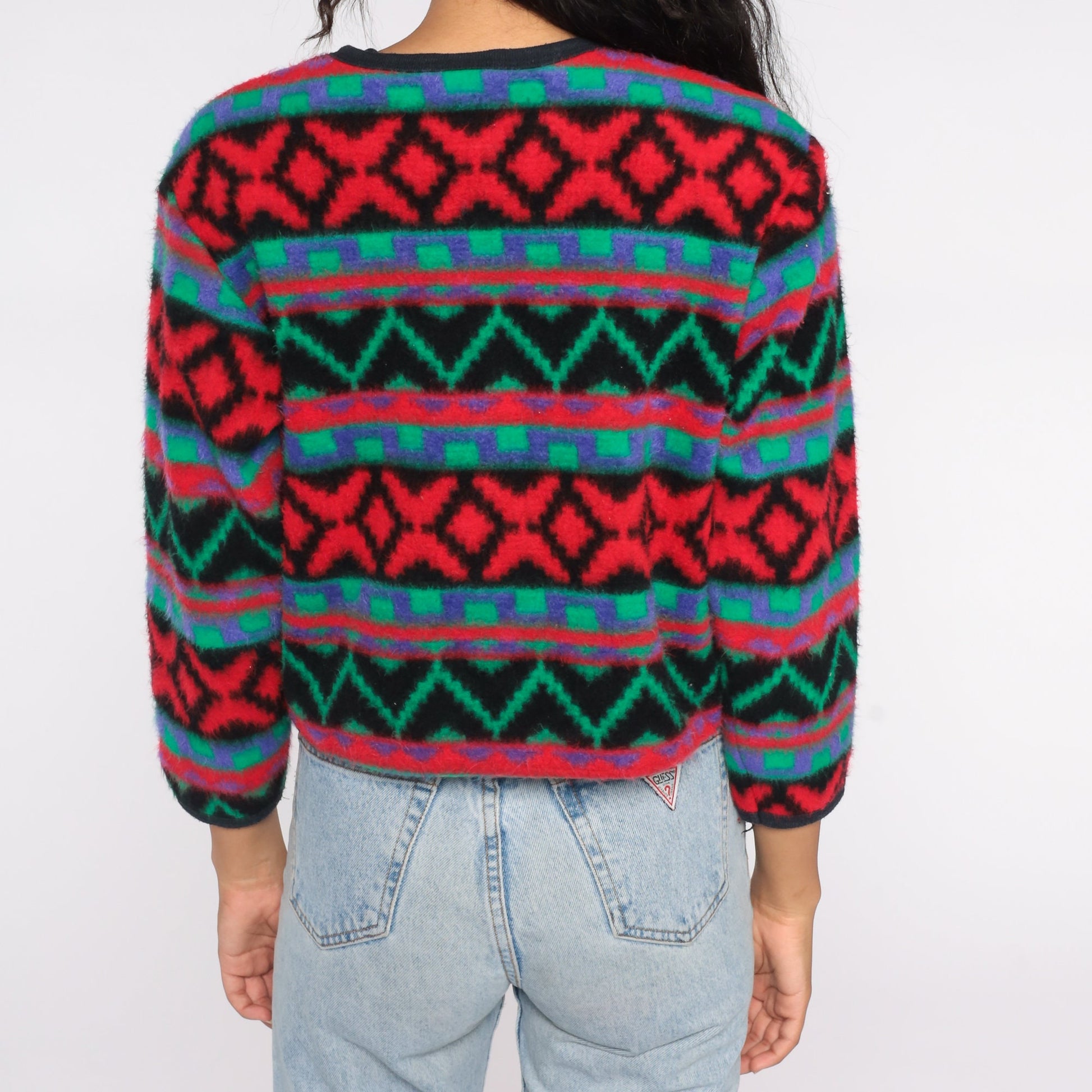 90s Southwestern Fleece Jacket Geometric Button Up Red Blue Green Small