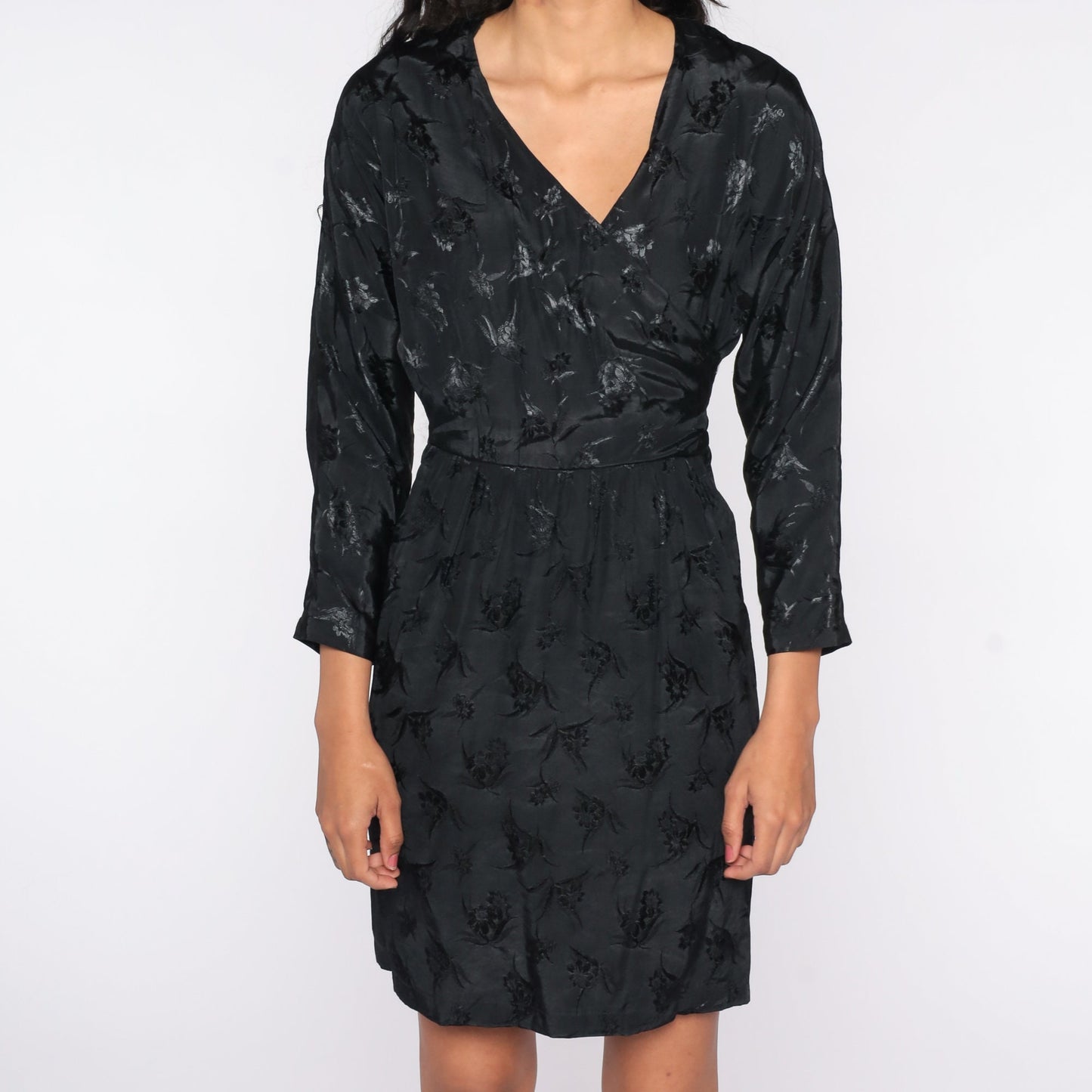 80s Black Floral Embossed Mini Wrap Dress High Waisted V Neck Small S