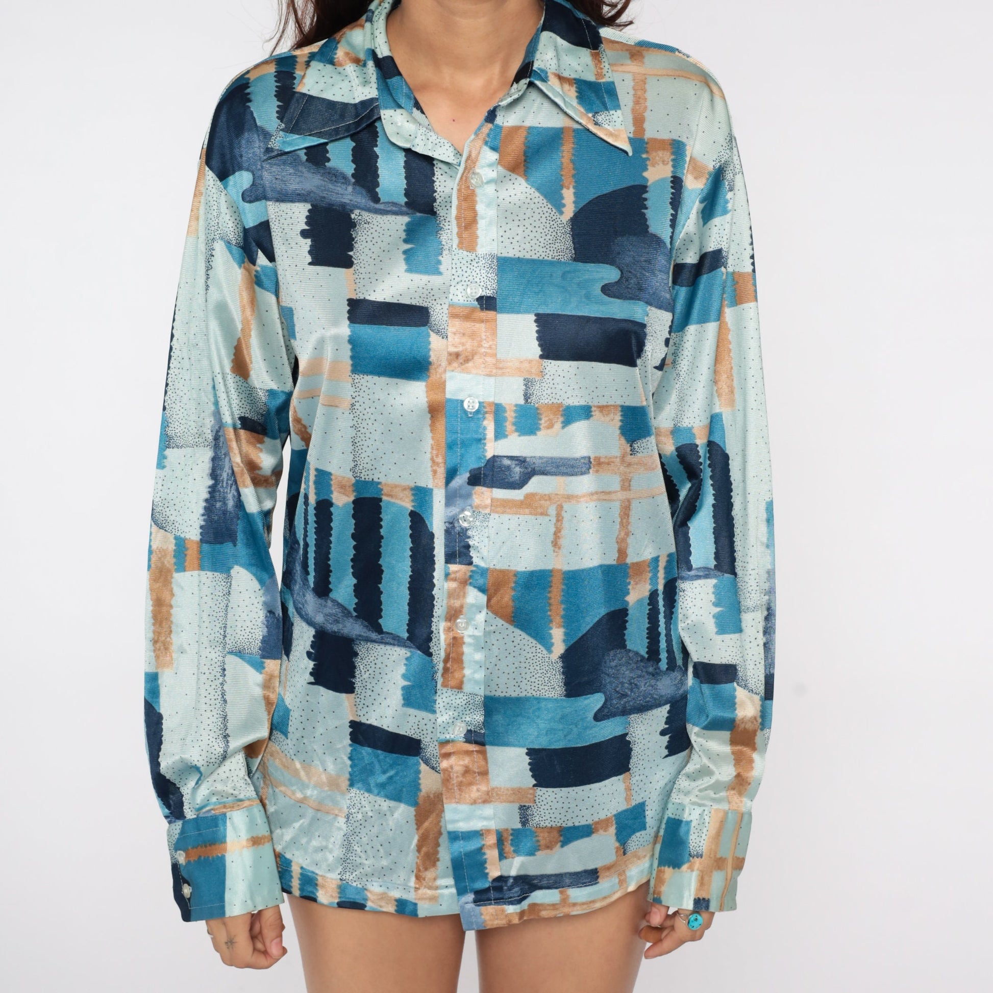 70s Opus I Psychedelic Print Button-Up Shirt Long Sleeve Blue Brushstroke Large