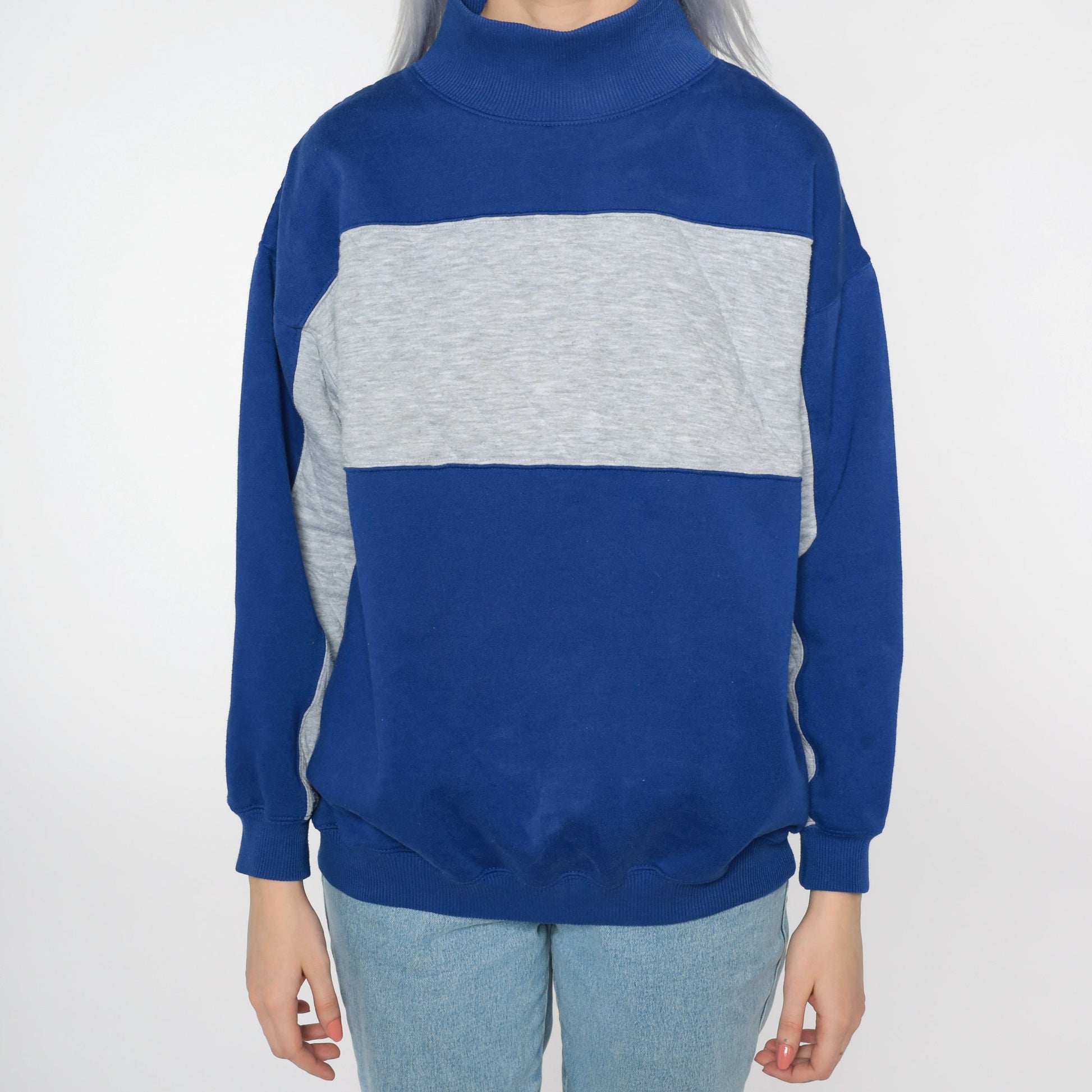 90s Navy Blue Grey Quilted Color Block Sweatshirt Funnel Neck Small