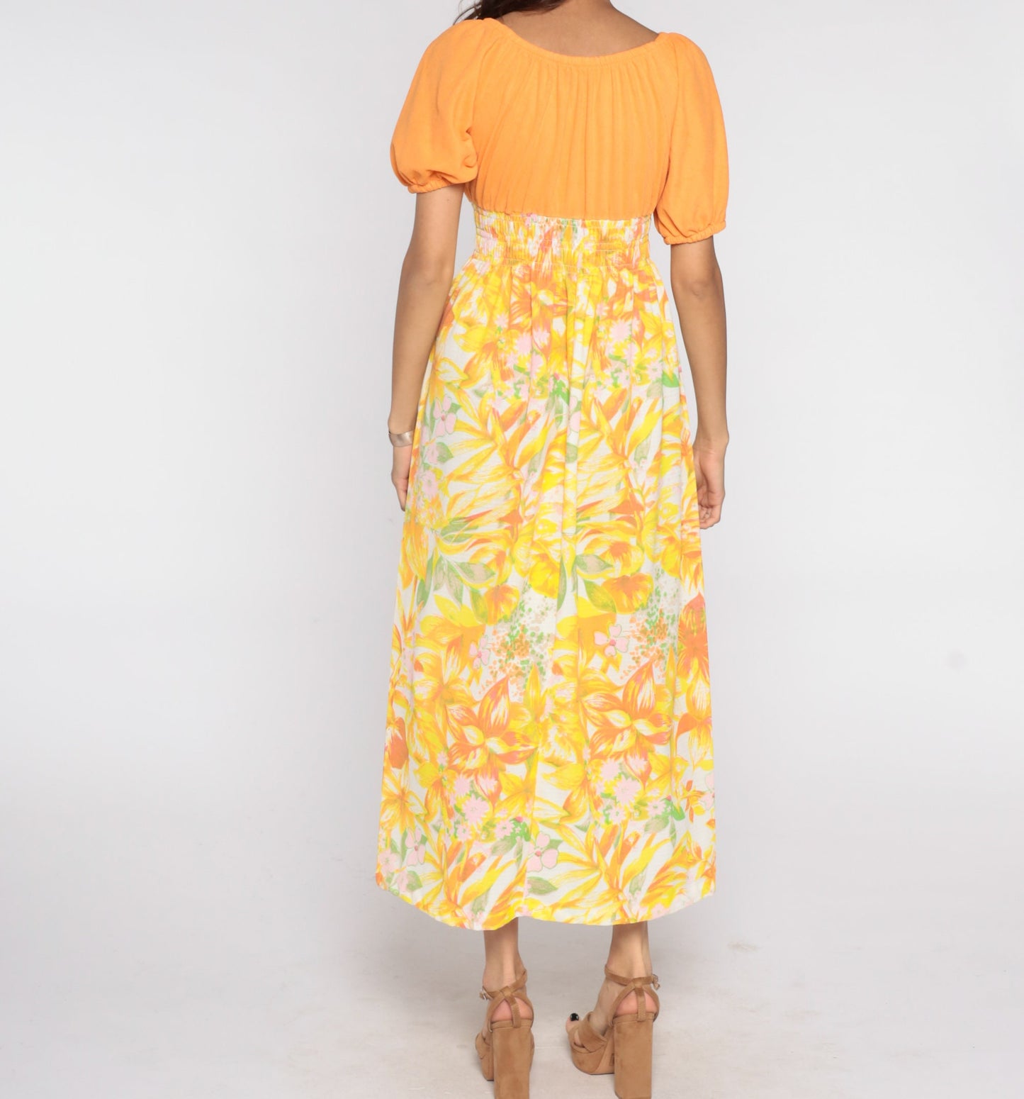 70s Floral Maxi Dress Orange Smocked Empire Waist Peasant Medium